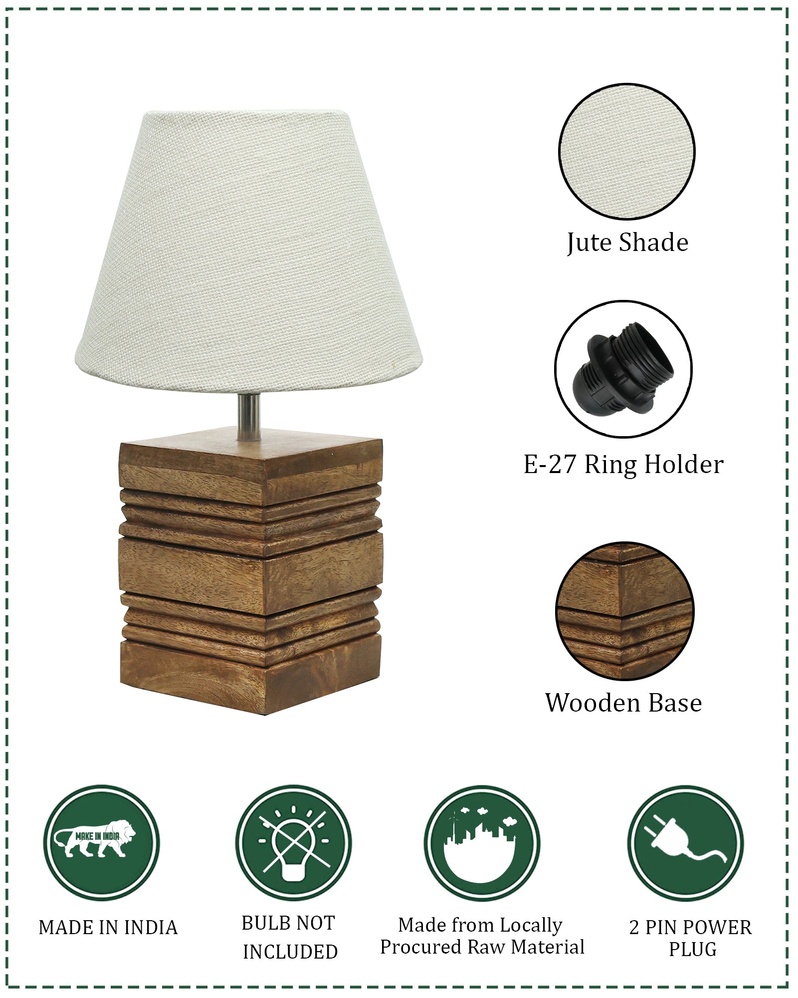 Wood Table Lamp, Modern Base Fabric Lampshade for Home Office Cafe Restaurant, Rib Cube