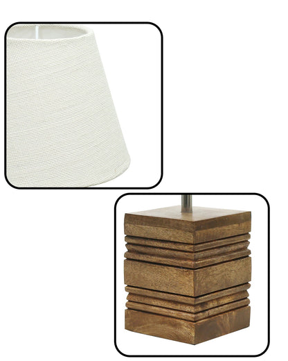 Wood Table Lamp, Modern Base Fabric Lampshade for Home Office Cafe Restaurant, Rib Cube