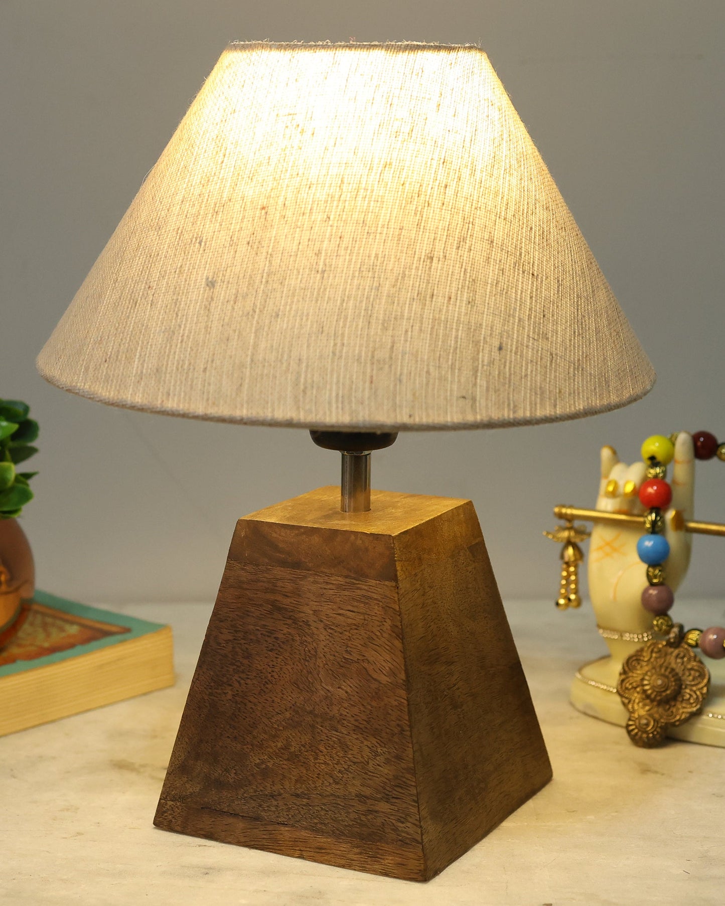Wood Table Lamp, Modern Base Fabric Lampshade for Home Office Cafe Restaurant, Pyramid