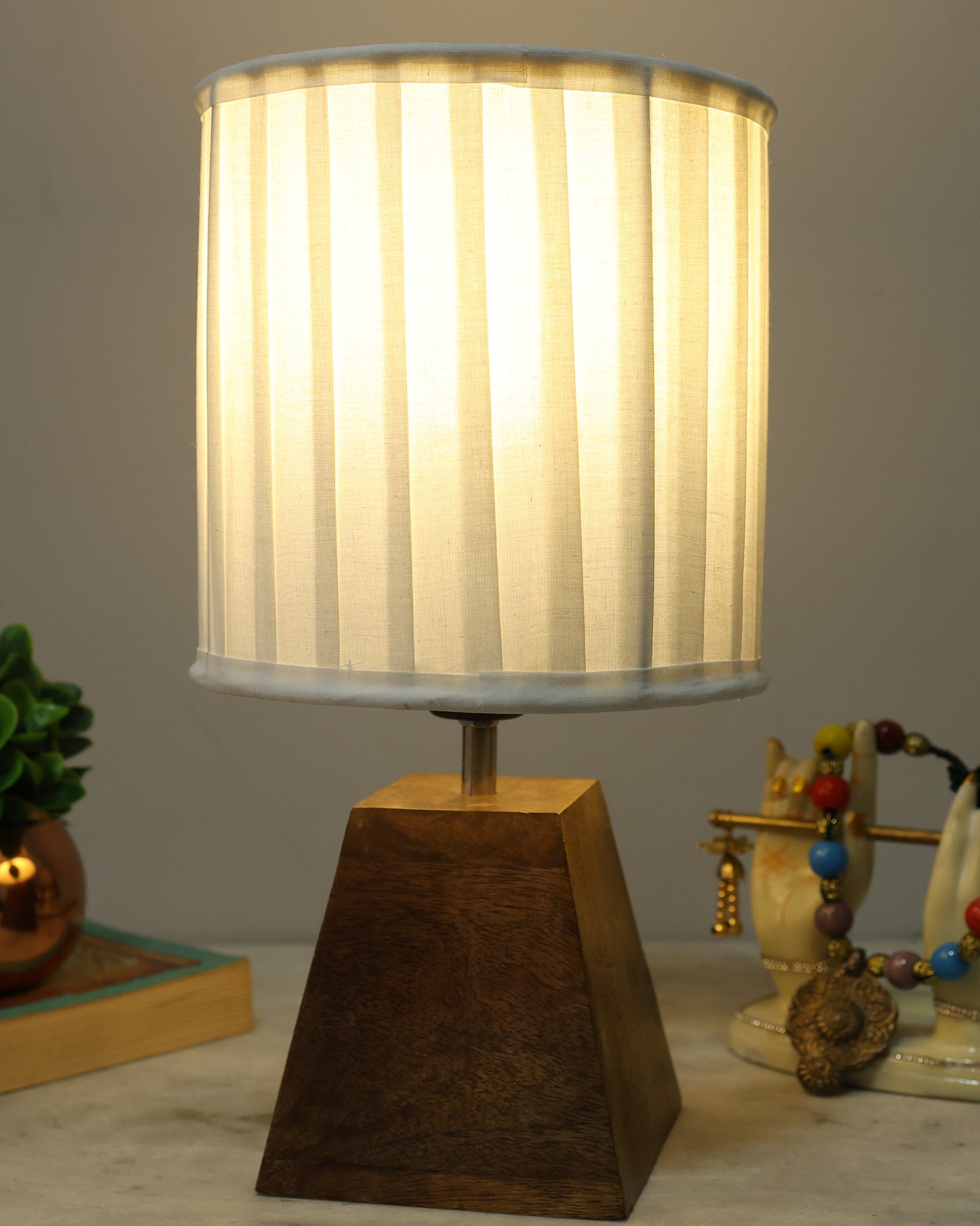 Wood Table Lamp, Modern Base Fabric Lampshade for Home Office Cafe Restaurant, Pyramid