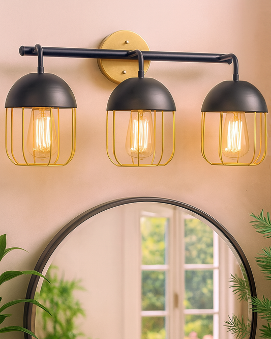 Cage Wall Sconce,Modern Bathroom Wall Light Fixtures 3 Light Bathroom Vanity Light, Fixture for Bathroom Lights Over Mirror, Farmhouse Black and Gold