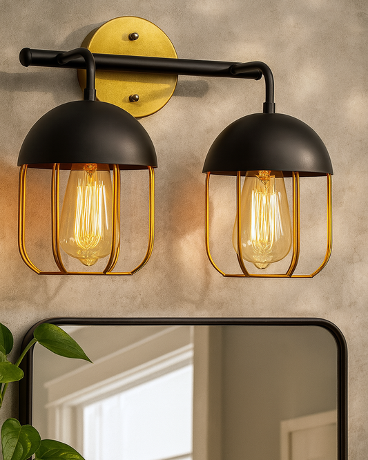 Cage Wall Sconce,Modern Bathroom Wall Light Fixtures 2 Light Bathroom Vanity Light, Fixture for Bathroom Lights Over Mirror, Farmhouse Black and Gold