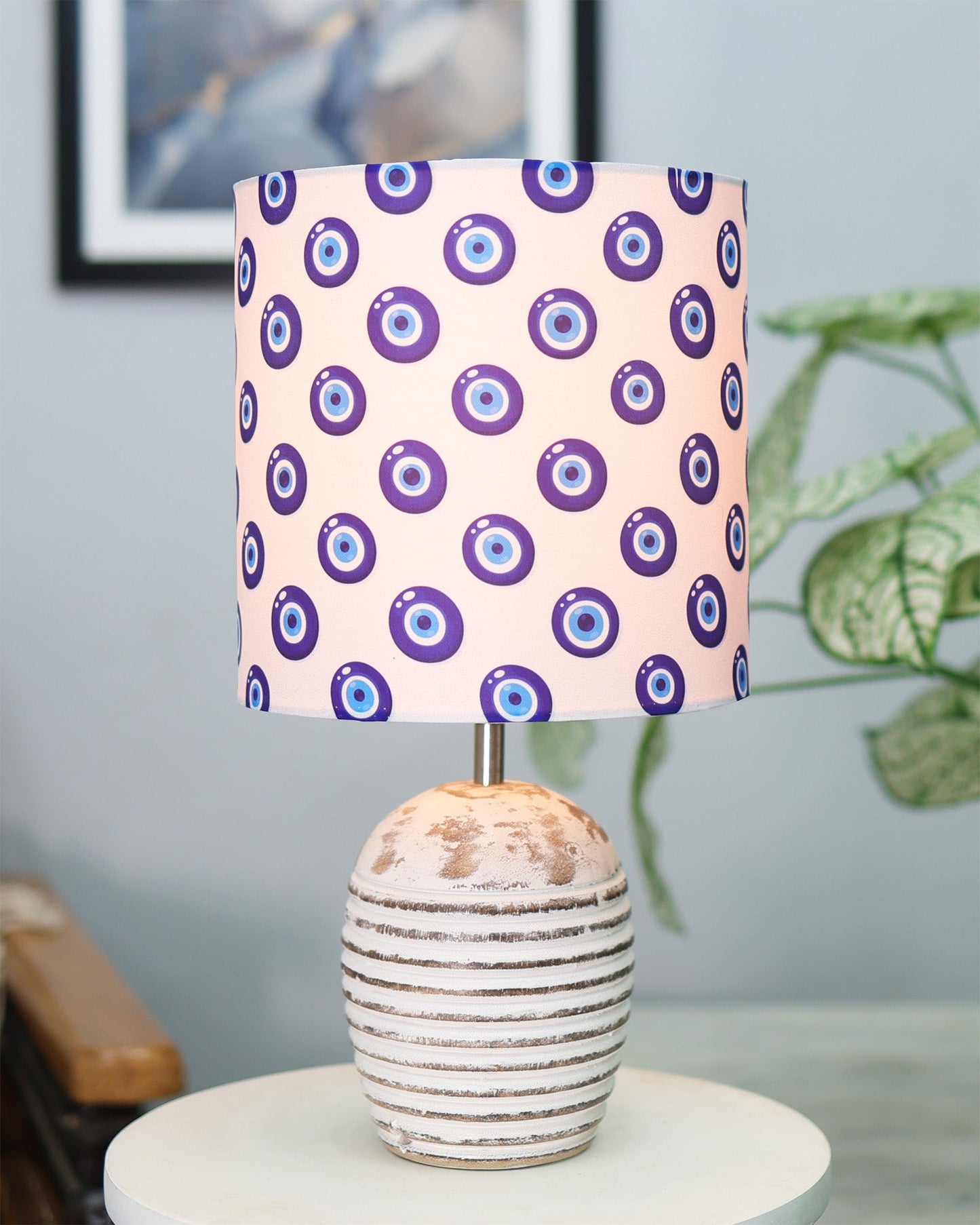 Modern Table Lamp, Wooden Base Modern Fabric Lampshade for Home Office Cafe Restaurant, Ribbed Basket