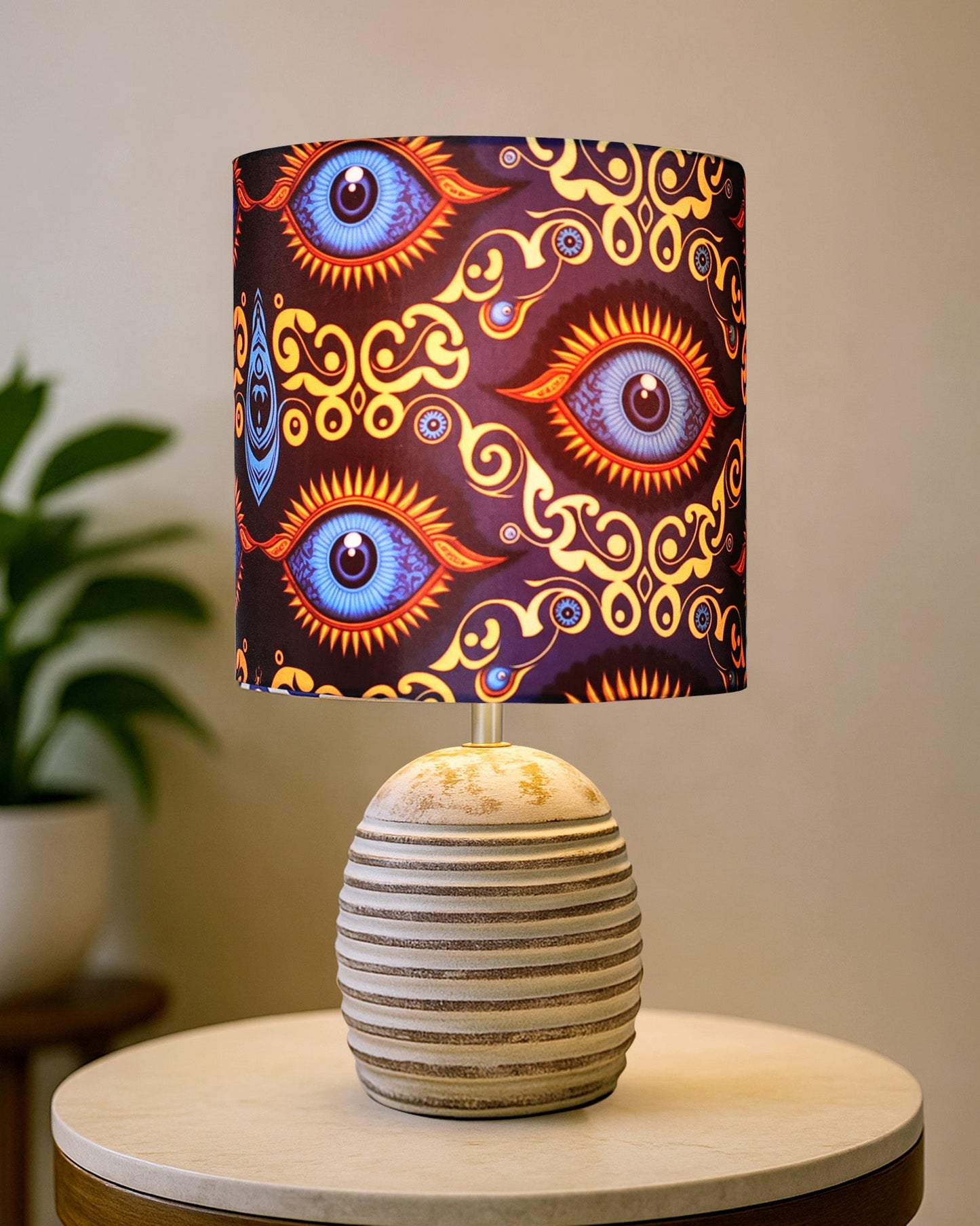 Modern Table Lamp, Wooden Base Modern Fabric Lampshade for Home Office Cafe Restaurant, Ribbed Basket