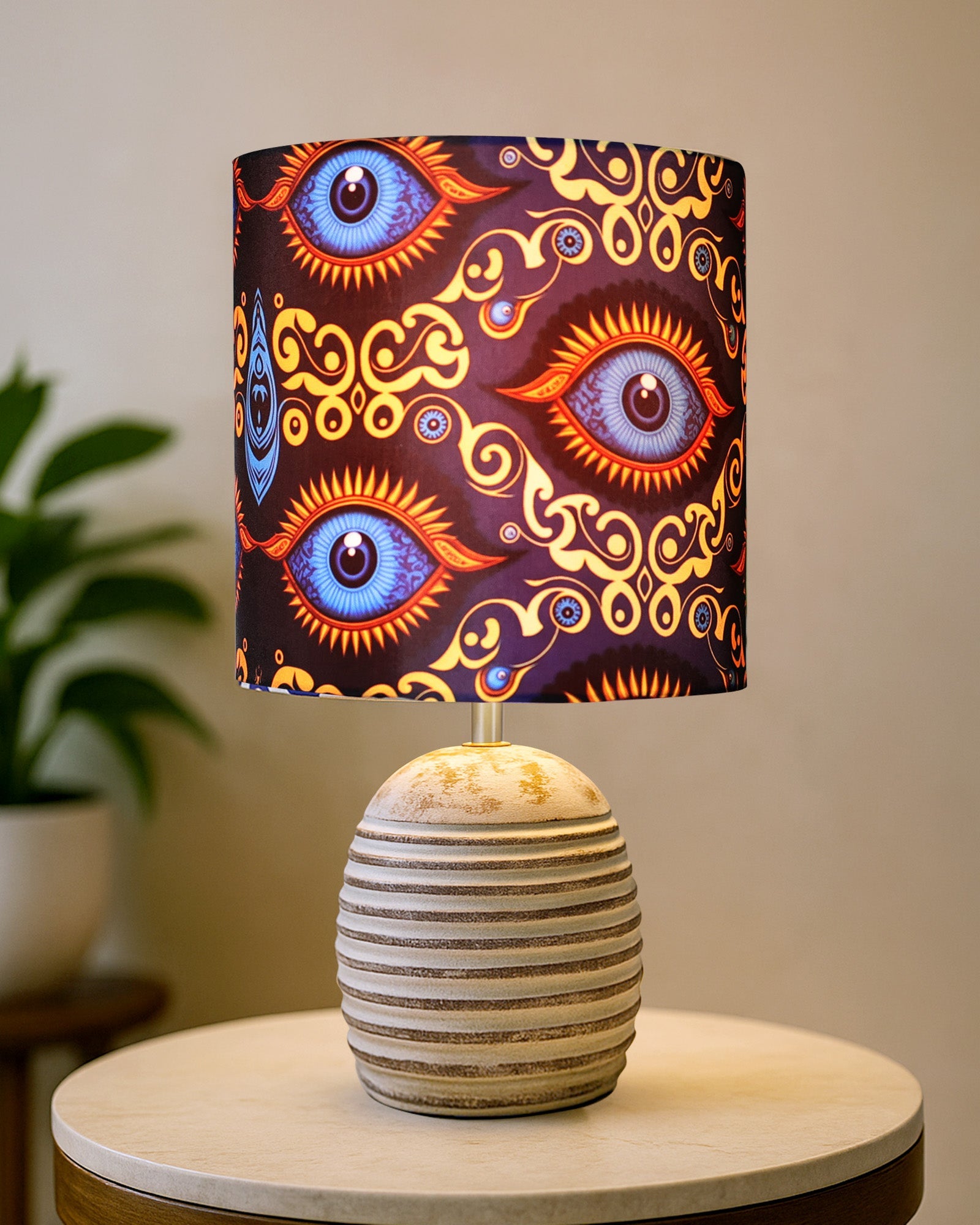 Modern Table Lamp, Wooden Base Modern Fabric Lampshade for Home Office Cafe Restaurant, Ribbed Basket