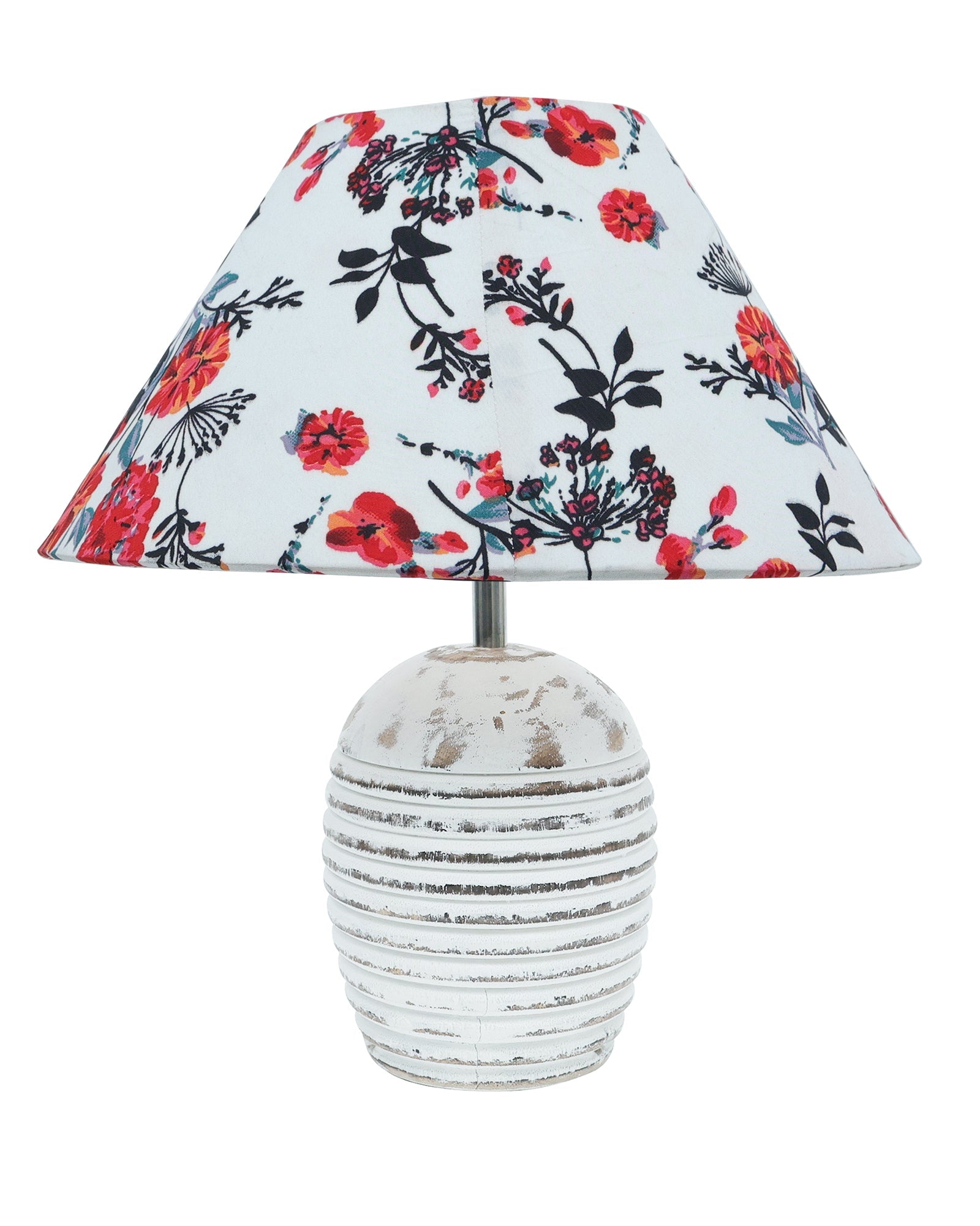 Ribbed Basket Table Lamp, Wooden Base Modern Fabric Lampshade for Home Office Cafe Restaurant