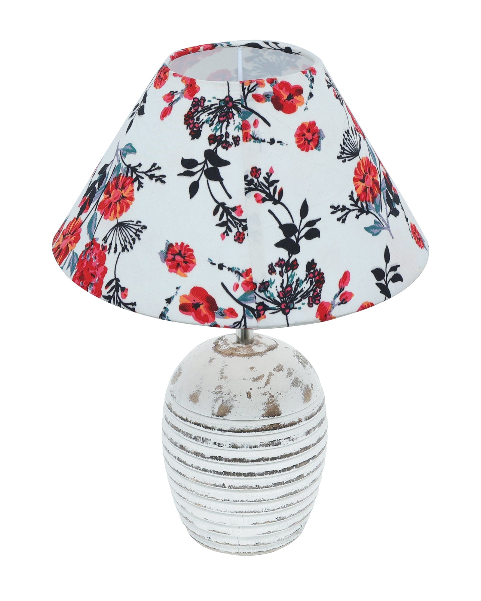 Ribbed Basket Table Lamp, Wooden Base Modern Fabric Lampshade for Home Office Cafe Restaurant