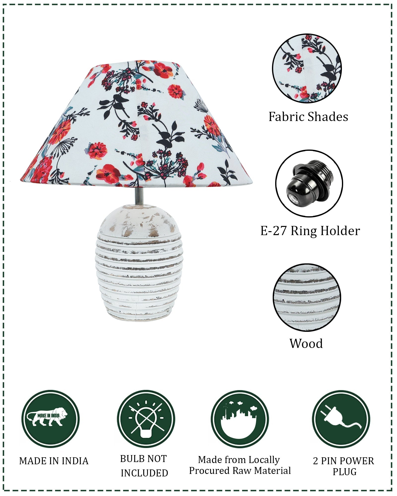 Ribbed Basket Table Lamp, Wooden Base Modern Fabric Lampshade for Home Office Cafe Restaurant