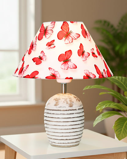 Ribbed Basket Table Lamp, Wooden Base Modern Fabric Lampshade for Home Office Cafe Restaurant