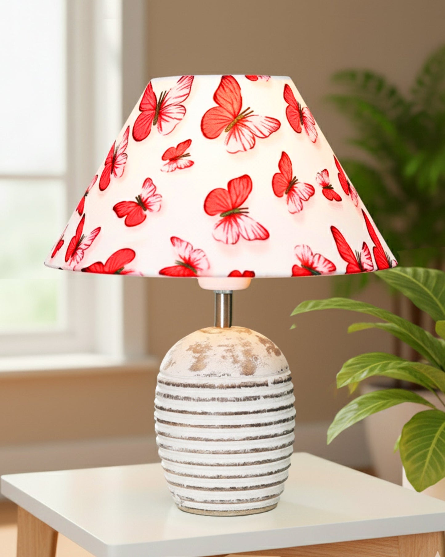 Ribbed Basket Table Lamp, Wooden Base Modern Fabric Lampshade for Home Office Cafe Restaurant