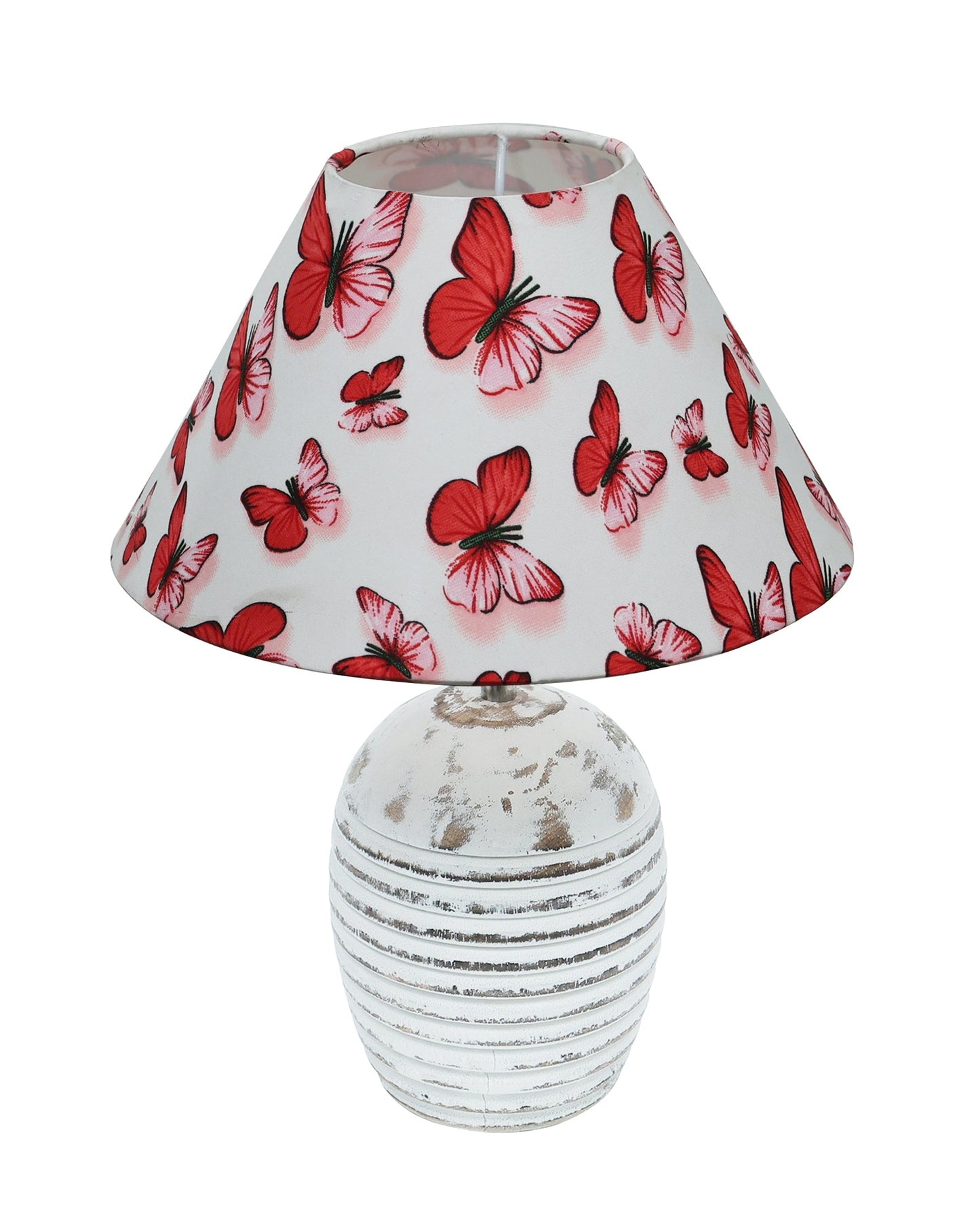 Ribbed Basket Table Lamp, Wooden Base Modern Fabric Lampshade for Home Office Cafe Restaurant