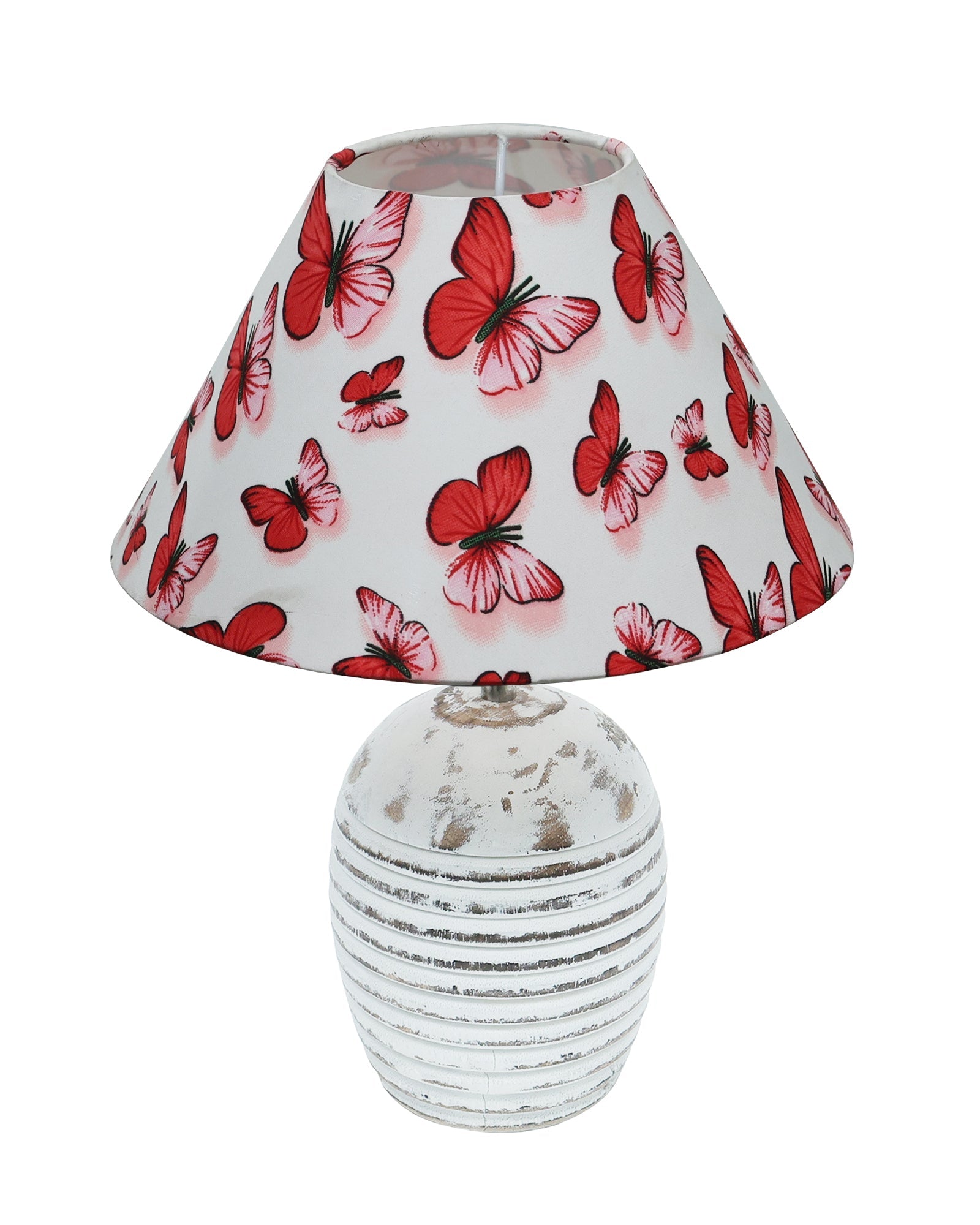 Ribbed Basket Table Lamp, Wooden Base Modern Fabric Lampshade for Home Office Cafe Restaurant