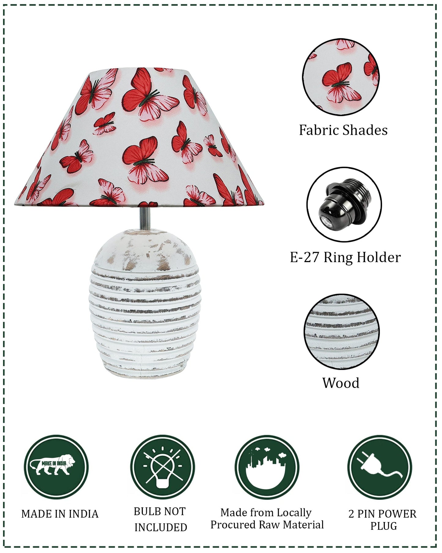 Ribbed Basket Table Lamp, Wooden Base Modern Fabric Lampshade for Home Office Cafe Restaurant