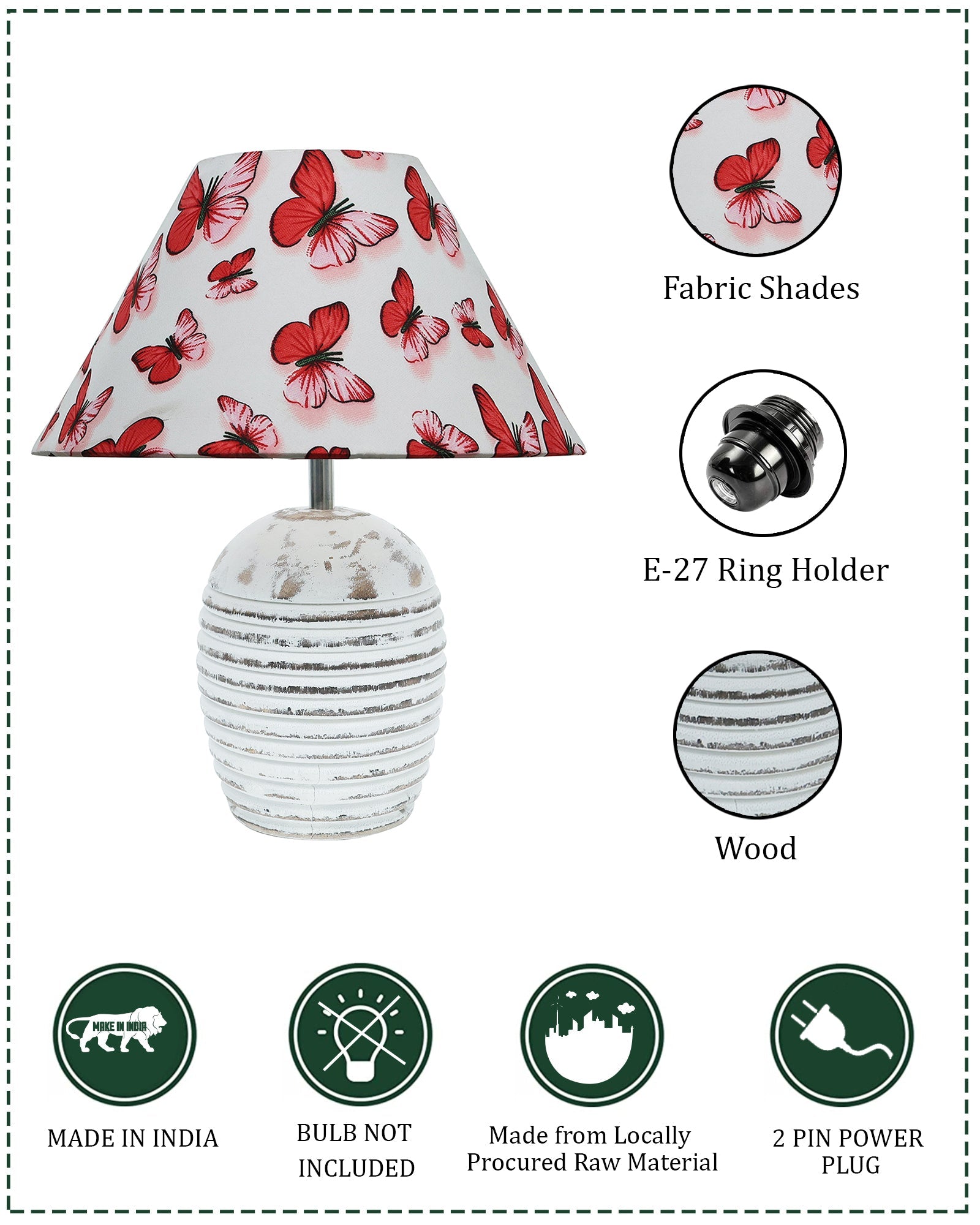 Ribbed Basket Table Lamp, Wooden Base Modern Fabric Lampshade for Home Office Cafe Restaurant