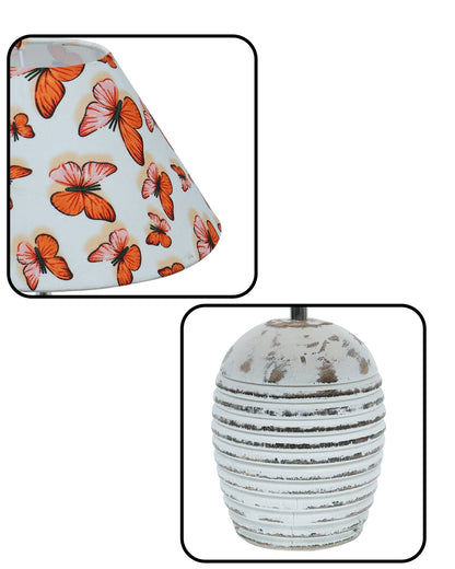 Ribbed Basket Table Lamp, Wooden Base Modern Fabric Lampshade for Home Office Cafe Restaurant