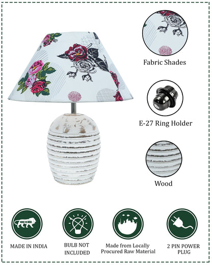Ribbed Basket Table Lamp, Wooden Base Modern Fabric Lampshade for Home Office Cafe Restaurant