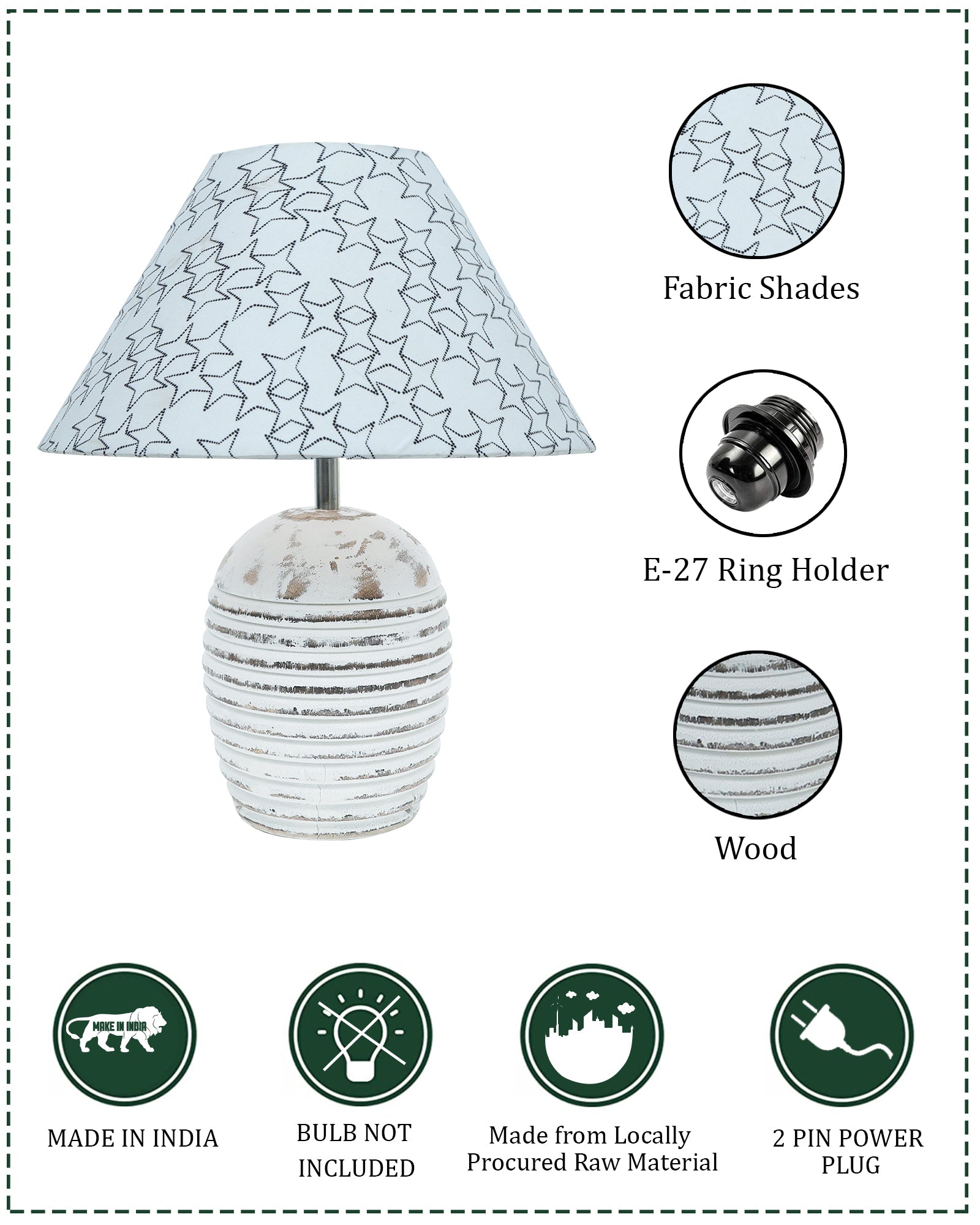 Ribbed Basket Table Lamp, Wooden Base Modern Fabric Lampshade for Home Office Cafe Restaurant