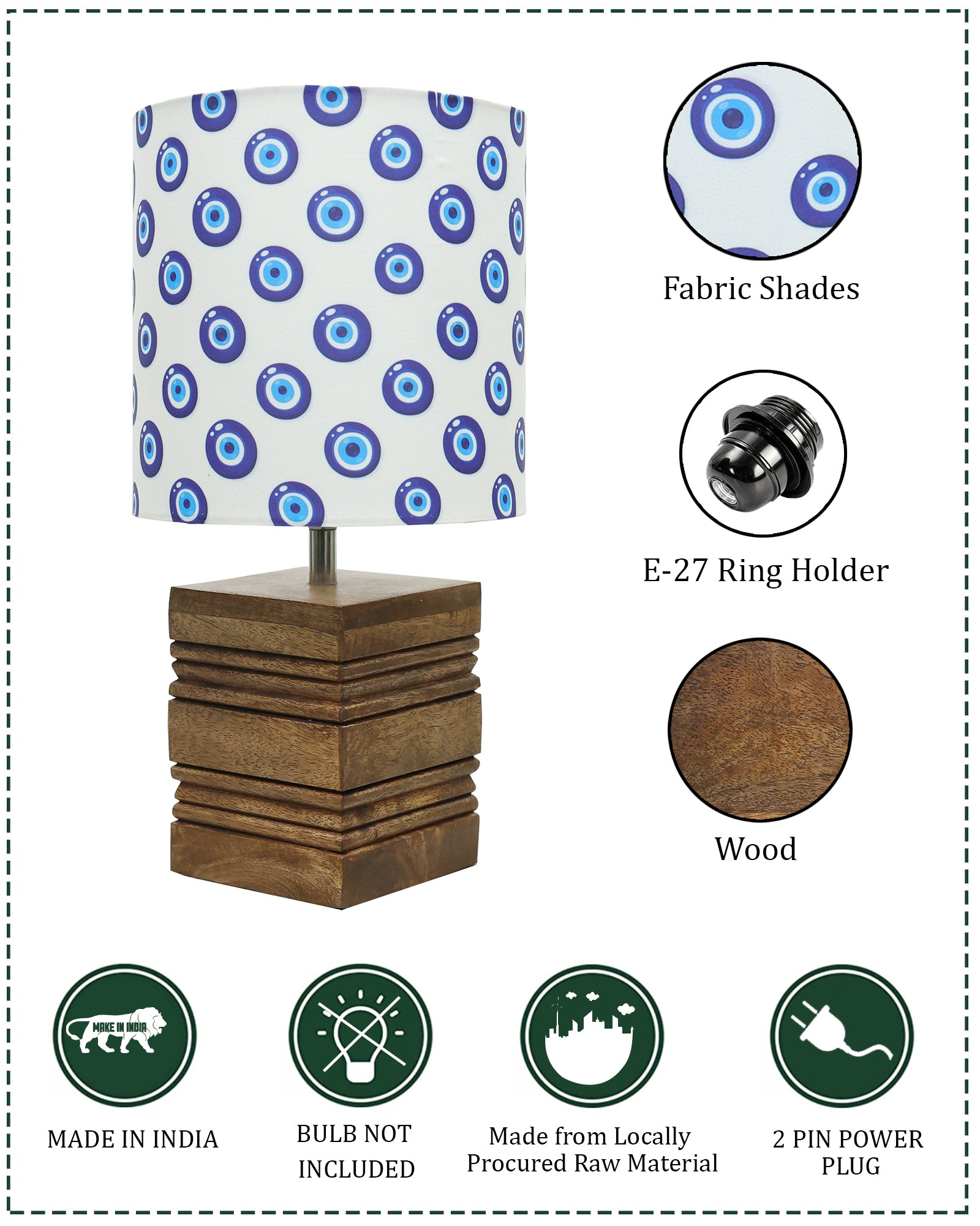 Wood Table Lamp, Modern Base Fabric Lampshade for Home Office Cafe Restaurant, Rib Cube