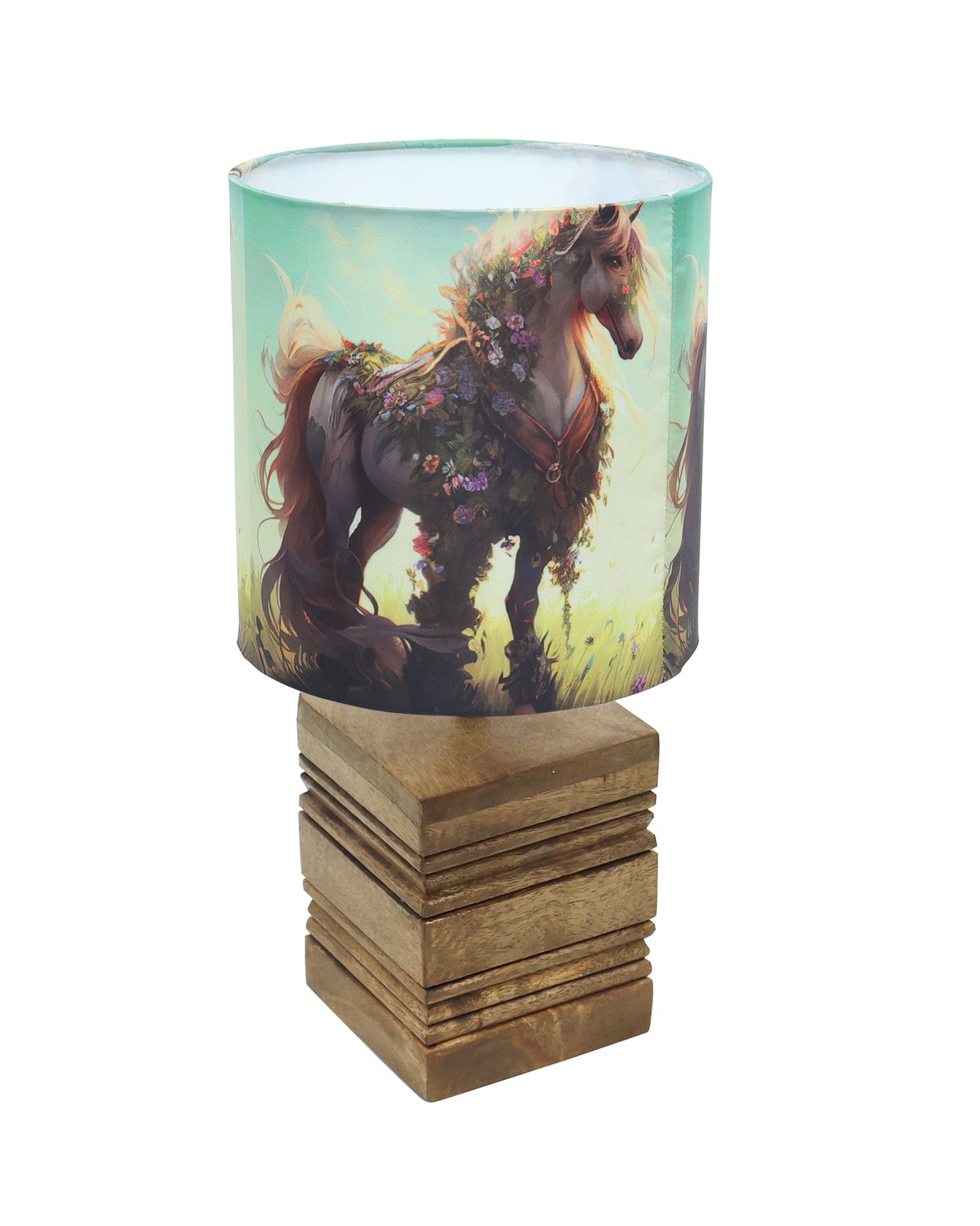 Wood Table Lamp, Modern Base Fabric Lampshade for Home Office Cafe Restaurant, Rib Cube
