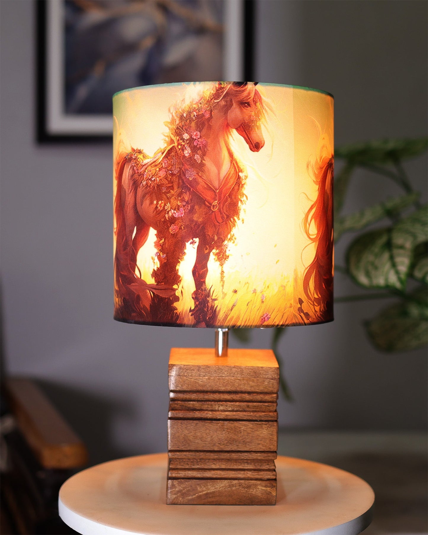 Wood Table Lamp, Modern Base Fabric Lampshade for Home Office Cafe Restaurant, Rib Cube