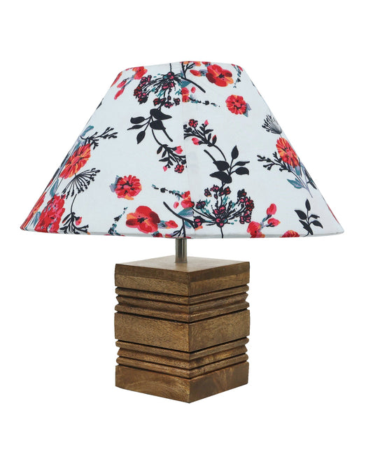 Ribbed Cube Table Lamp, Wooden Base Modern Fabric Lampshade for Home Office Cafe Restaurant, Cone