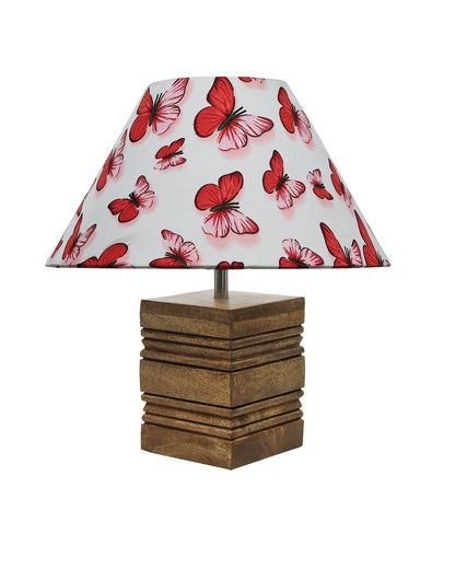 Ribbed Cube Table Lamp, Wooden Base Modern Fabric Lampshade for Home Office Cafe Restaurant, Cone