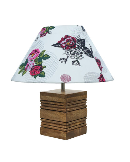Ribbed Cube Table Lamp, Wooden Base Modern Fabric Lampshade for Home Office Cafe Restaurant, Cone
