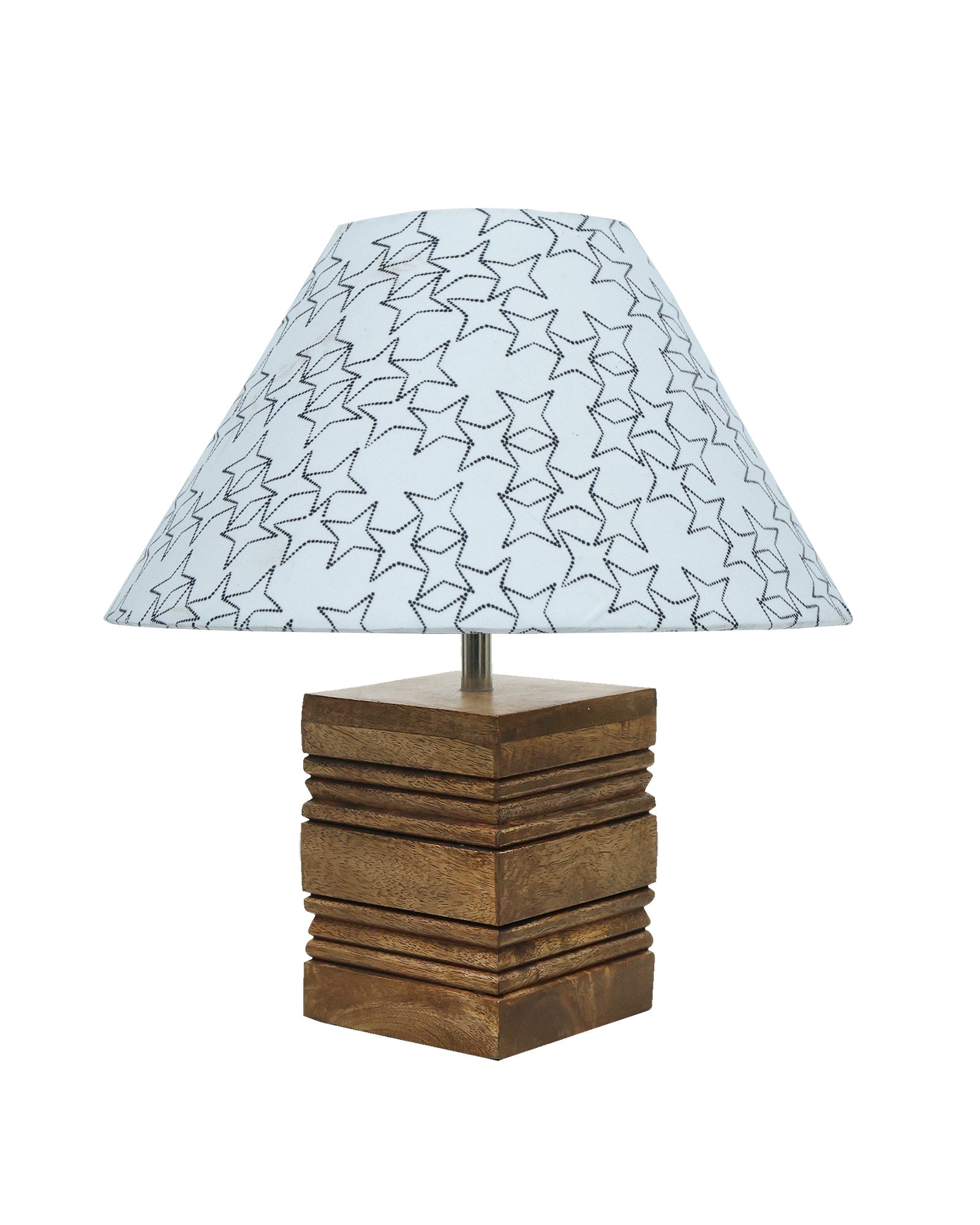 Ribbed Cube Table Lamp, Wooden Base Modern Fabric Lampshade for Home Office Cafe Restaurant, Cone