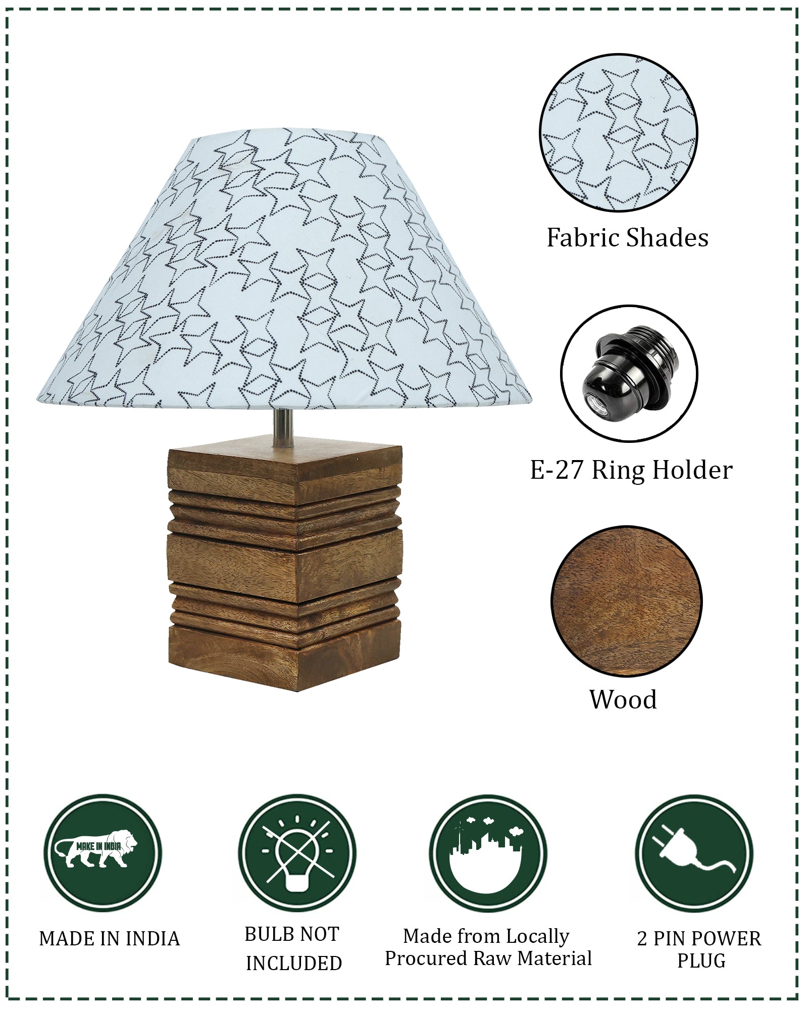 Ribbed Cube Table Lamp, Wooden Base Modern Fabric Lampshade for Home Office Cafe Restaurant, Cone