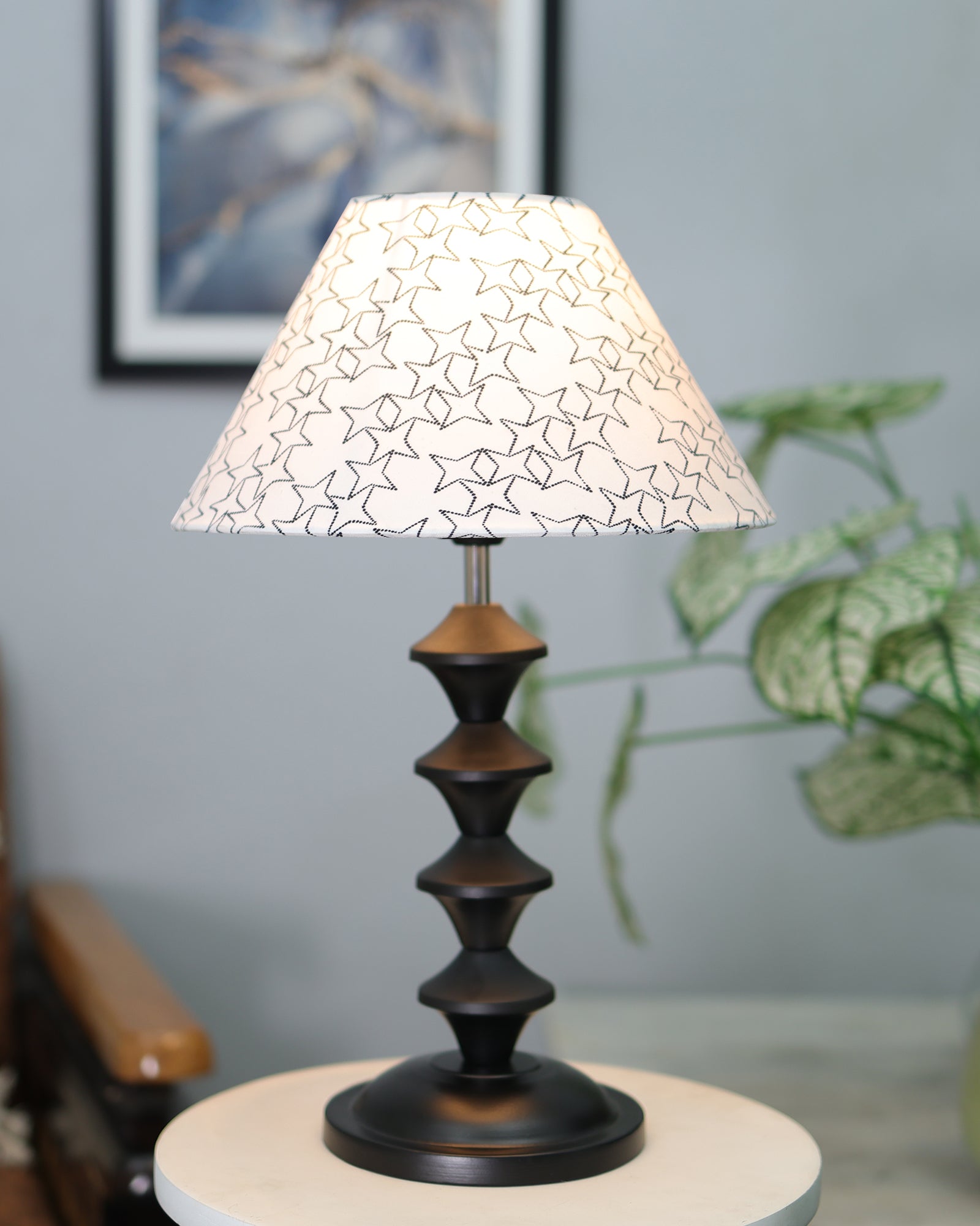 Black Metal Table Lamp with Fabric Shade, B22 holder, Pillar