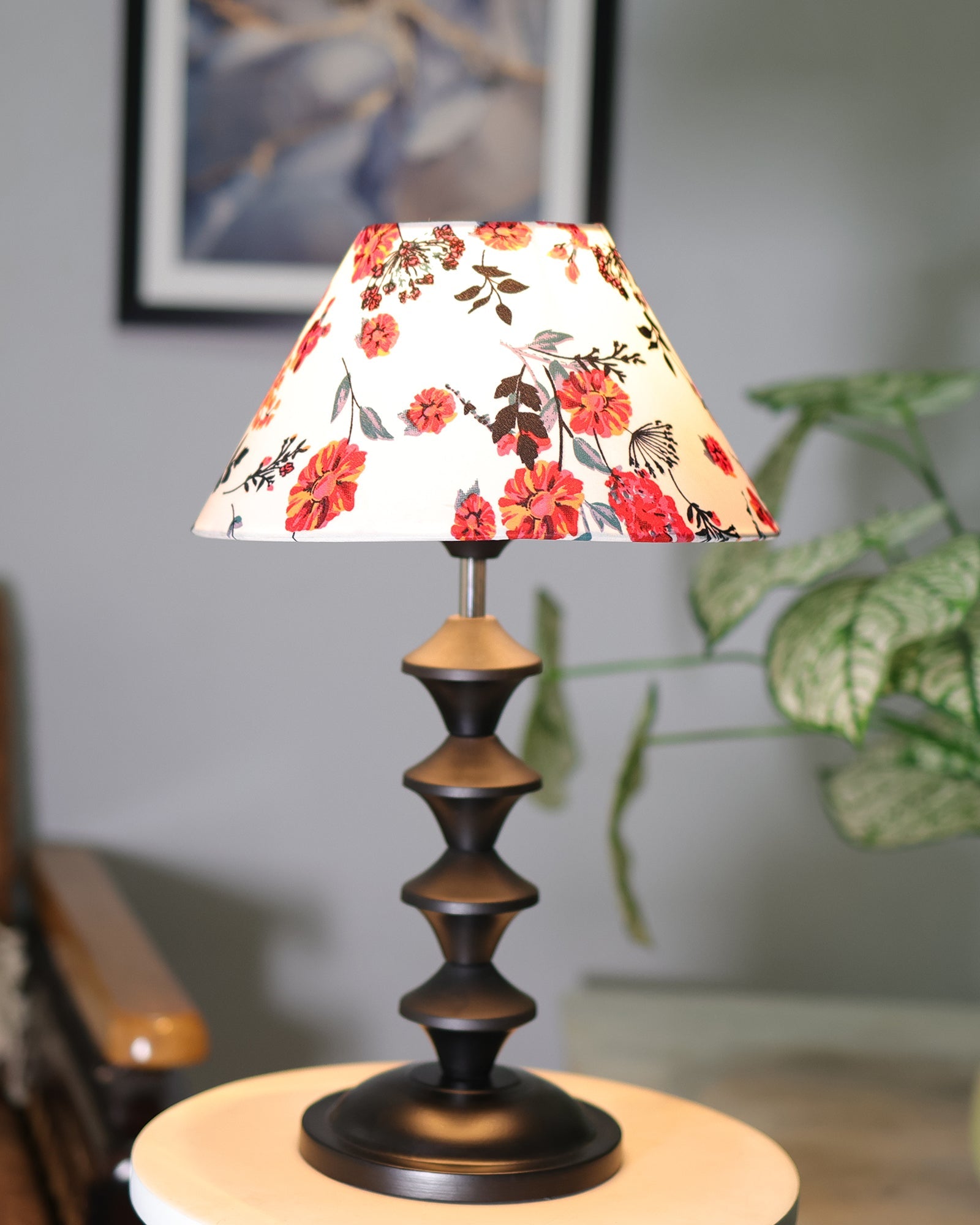 Black Metal Table Lamp with Fabric Shade, B22 holder, Pillar