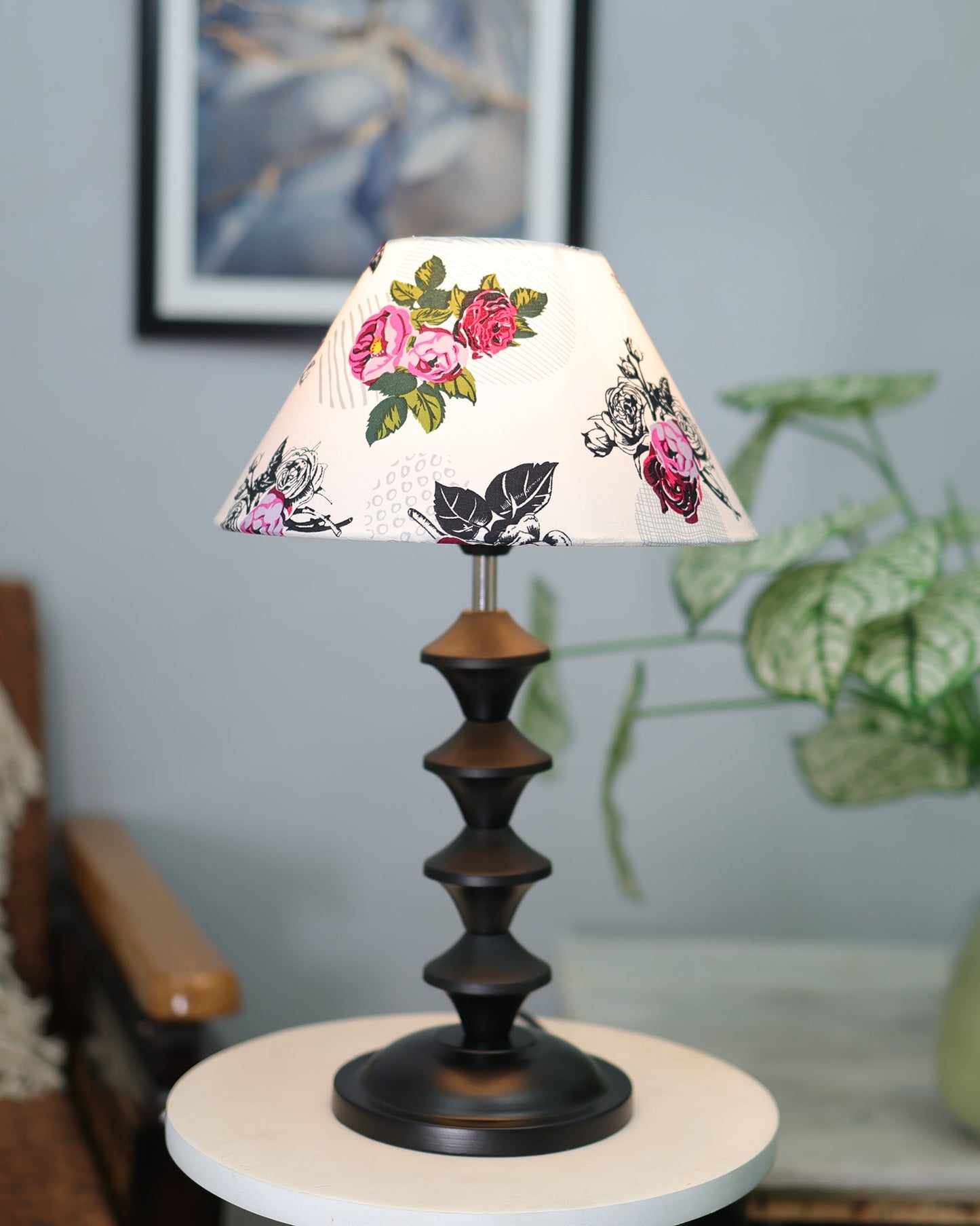 Black Metal Table Lamp with Fabric Shade, B22 holder, Pillar