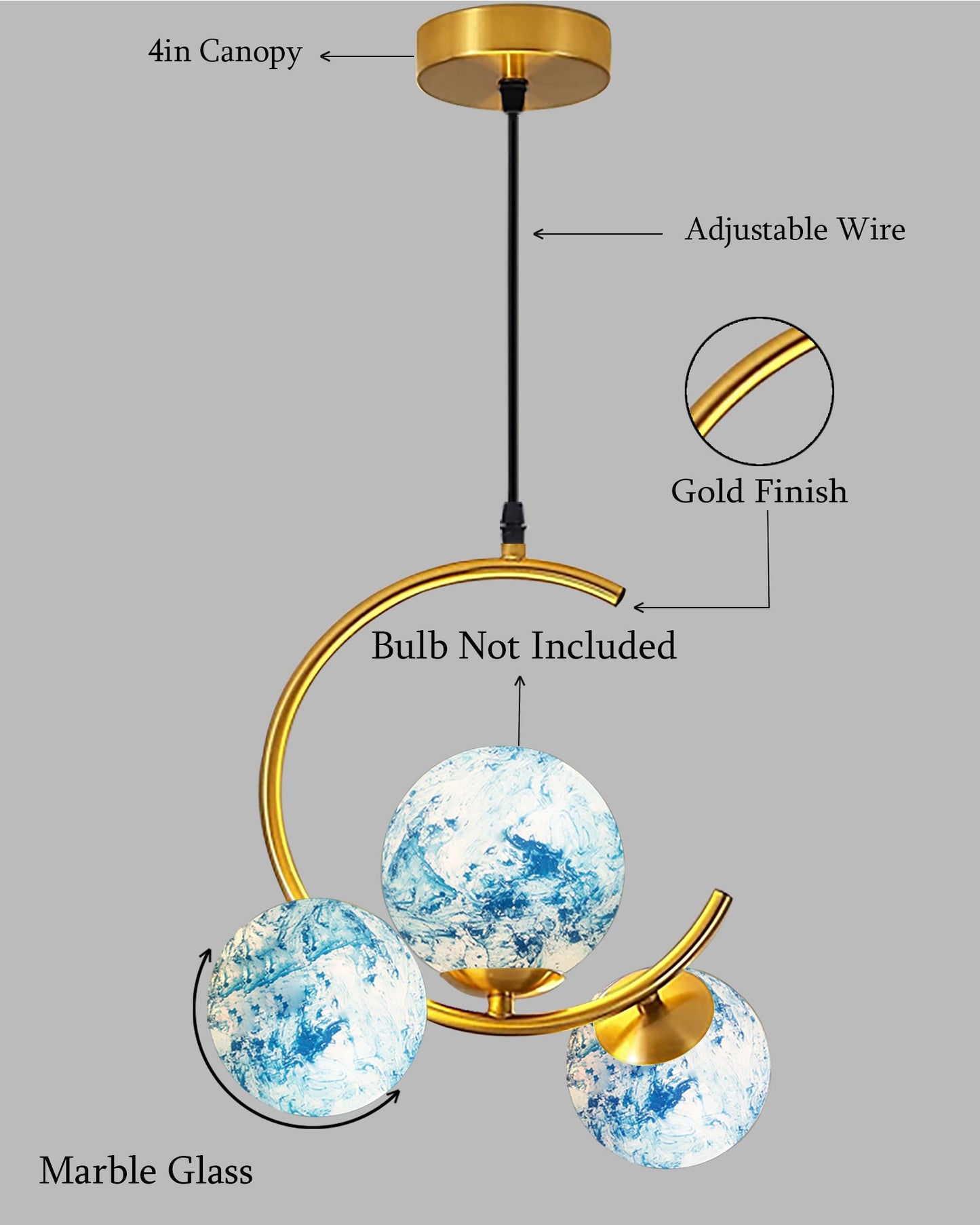 3 Globe Light Chandelier Hanging Light Gold Modern Ceiling Pendant Lamp Adjustable Cord Ceiling Light for Bedroom Living Dining Room