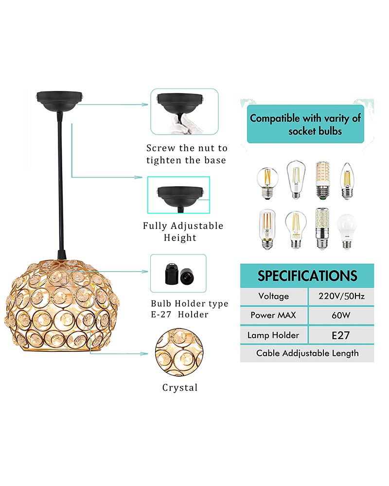 Glossy Gold Crystal hanging light, ceiling lamp, Nordic E27 pendant, Dual Ring Half Round