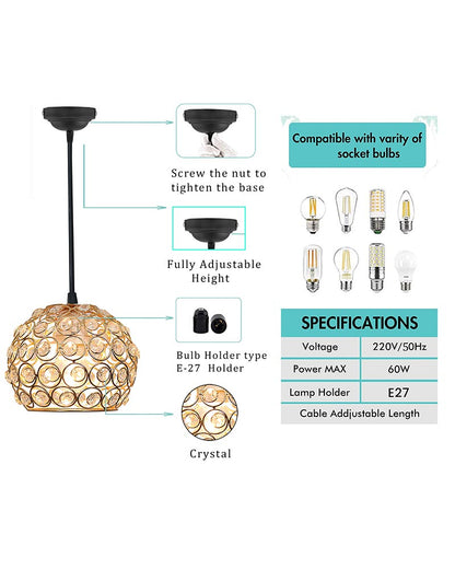 Glossy Gold Crystal hanging light, ceiling lamp, Nordic E27 pendant, Dual Ring Half Round