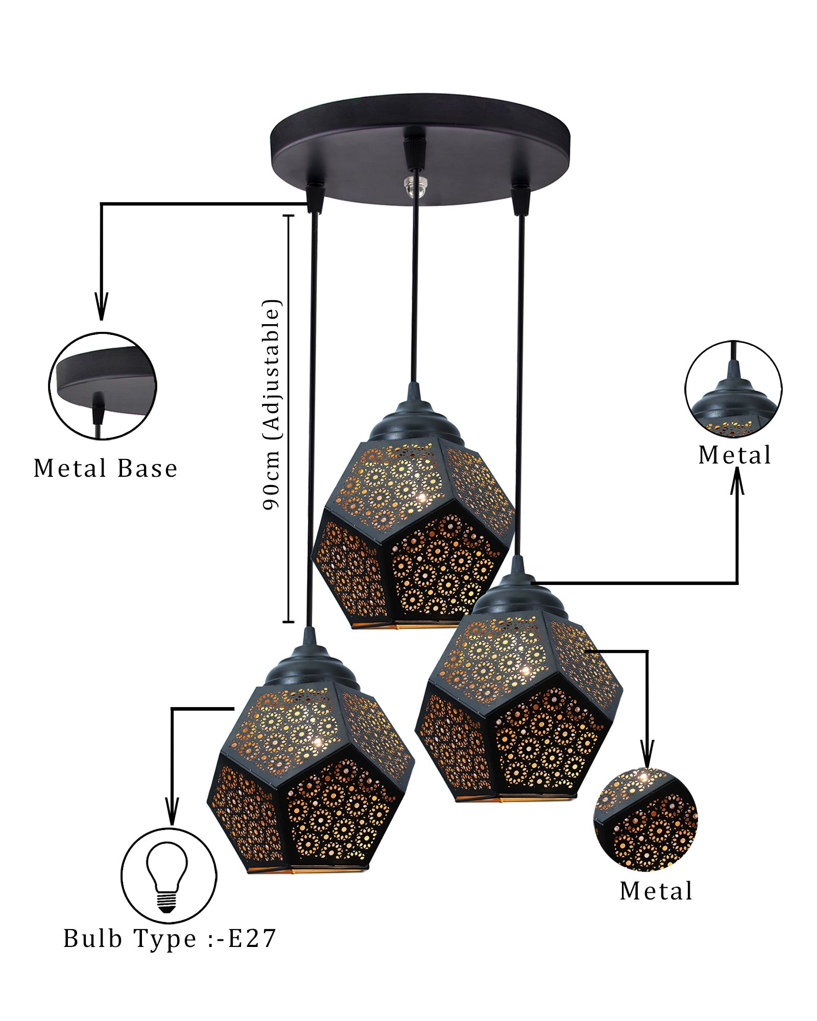 3-lights Round Cluster Chandelier Crystal hanging Pendant Light Black, Do Decahedron