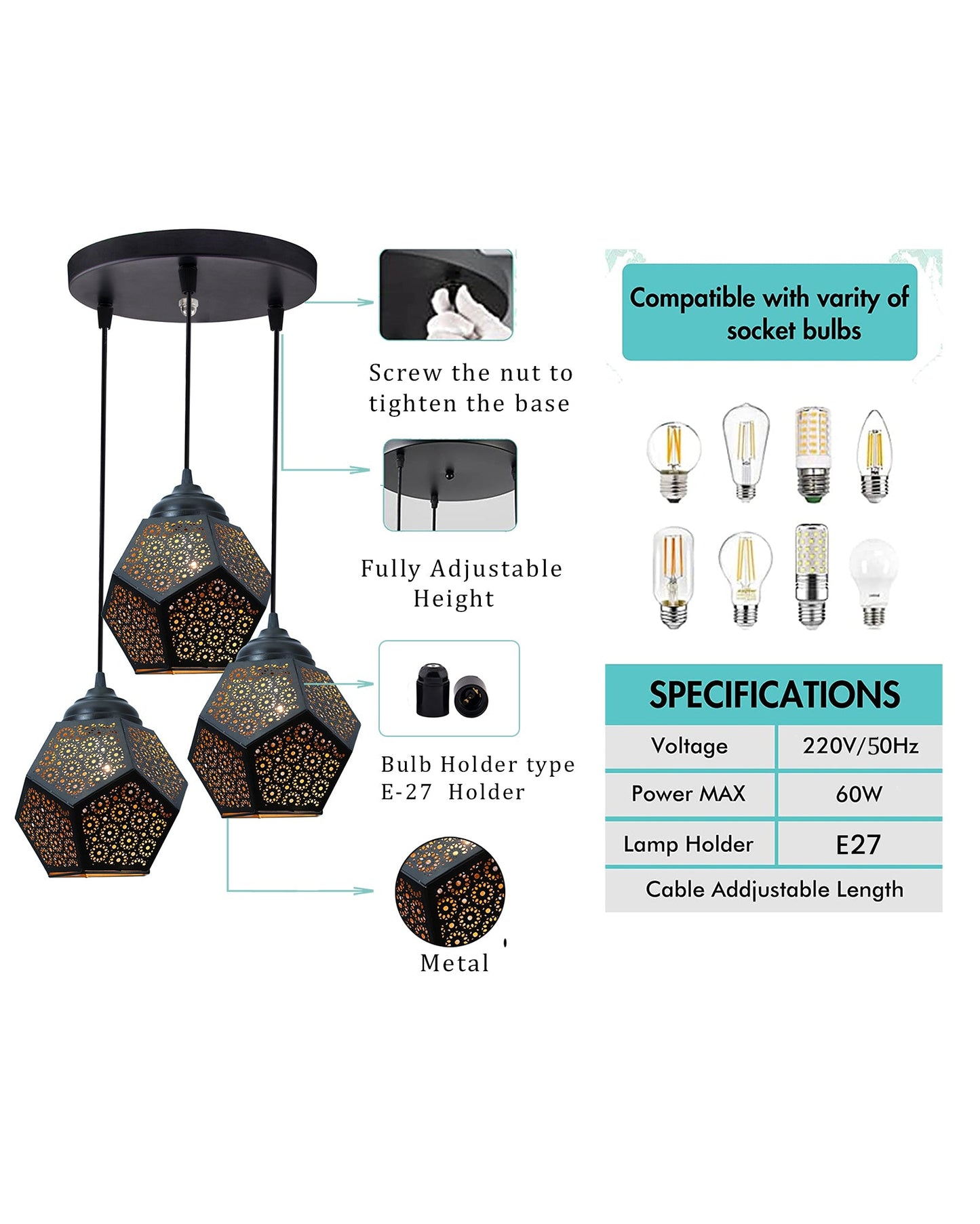 3-lights Round Cluster Chandelier Crystal hanging Pendant Light Black, Do Decahedron
