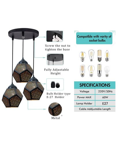 3-lights Round Cluster Chandelier Crystal hanging Pendant Light Black, Do Decahedron