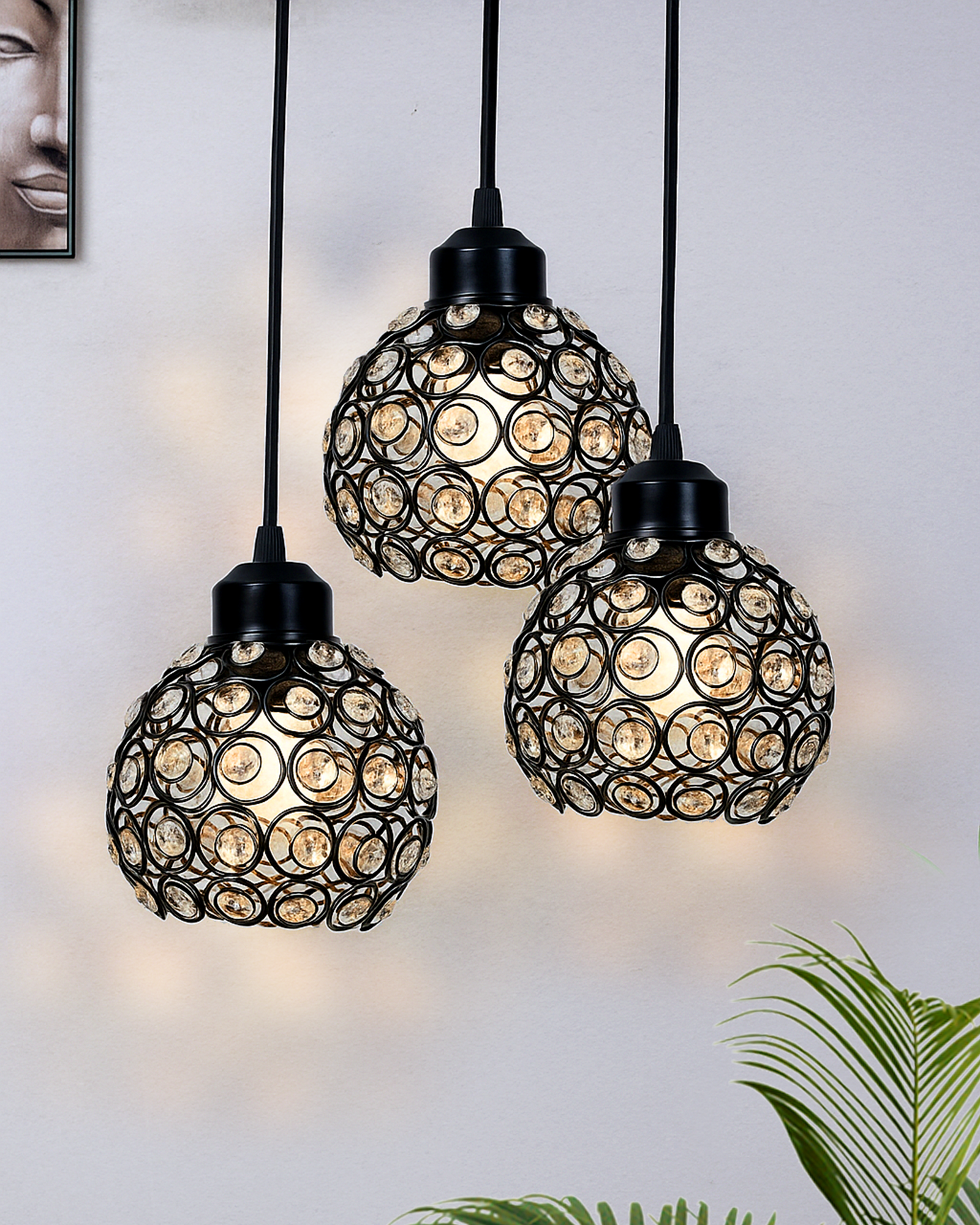 3-lights Round Cluster Chandelier Crystal hanging Pendant Light, Dual Crystal half globe