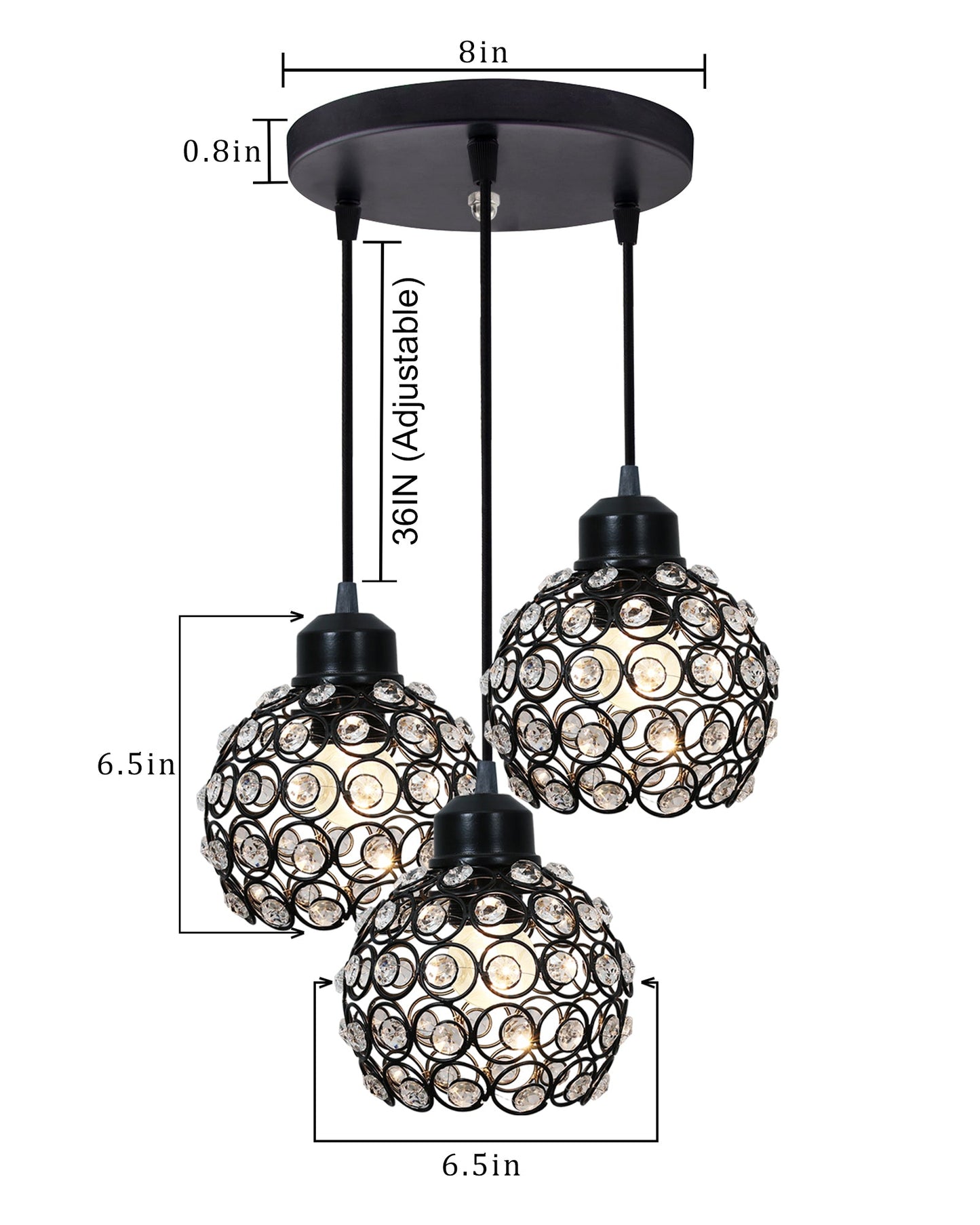 3-lights Round Cluster Chandelier Crystal hanging Pendant Light, Dual Crystal half globe