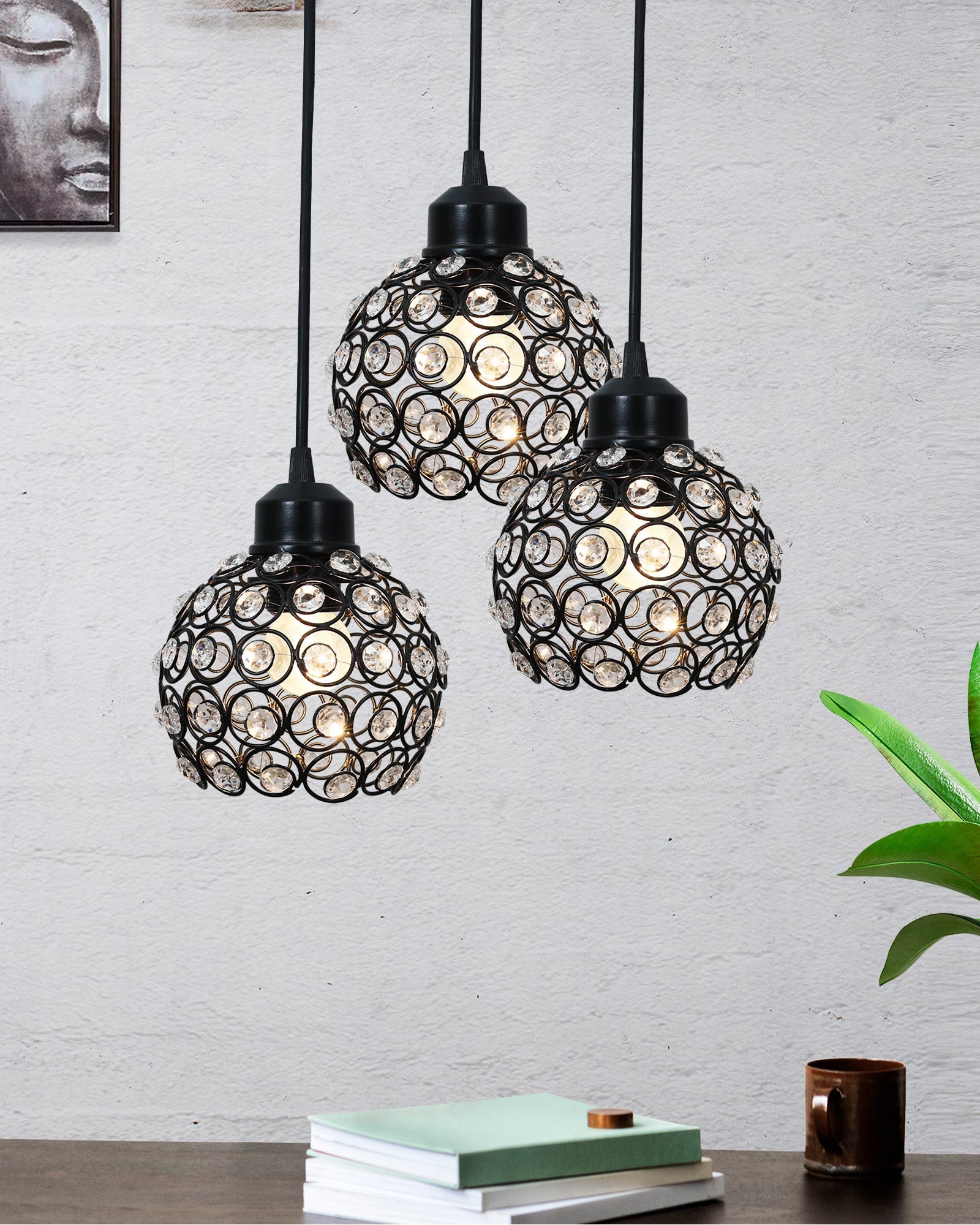 3-lights Round Cluster Chandelier Crystal hanging Pendant Light, Dual Crystal half globe