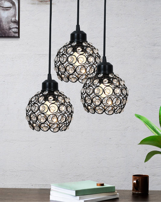 3-lights Round Cluster Chandelier Crystal hanging Pendant Light, Dual Crystal half globe