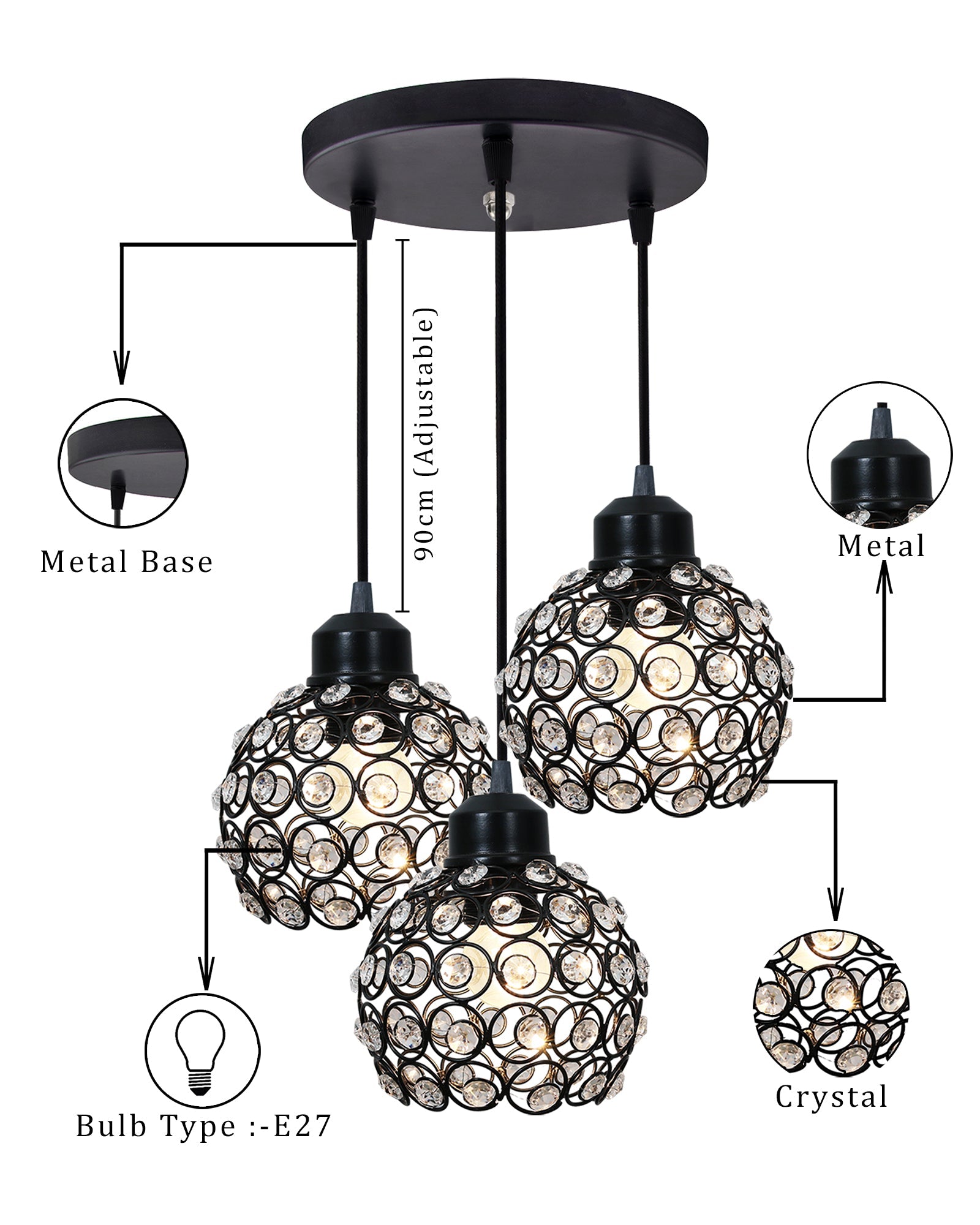 3-lights Round Cluster Chandelier Crystal hanging Pendant Light, Dual Crystal half globe
