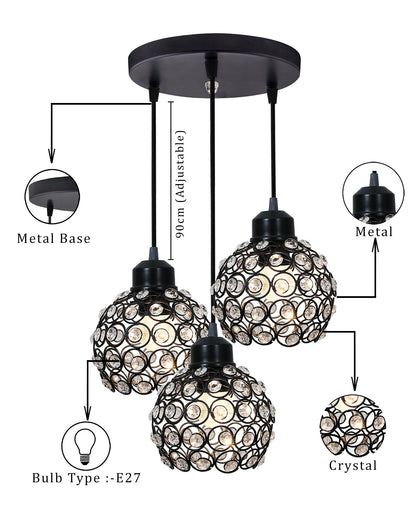 3-lights Round Cluster Chandelier Crystal hanging Pendant Light, Dual Crystal half globe