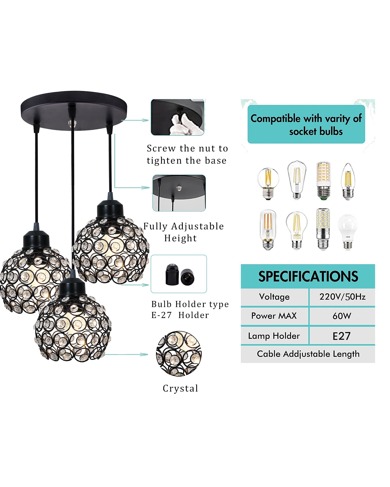 3-lights Round Cluster Chandelier Crystal hanging Pendant Light, Dual Crystal half globe