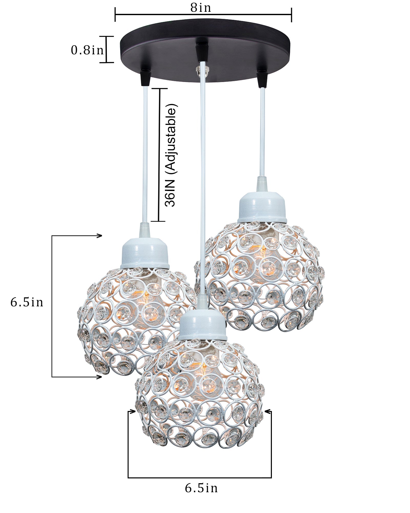 3-lights Round Cluster Chandelier Crystal hanging Pendant Light, Dual Crystal half globe