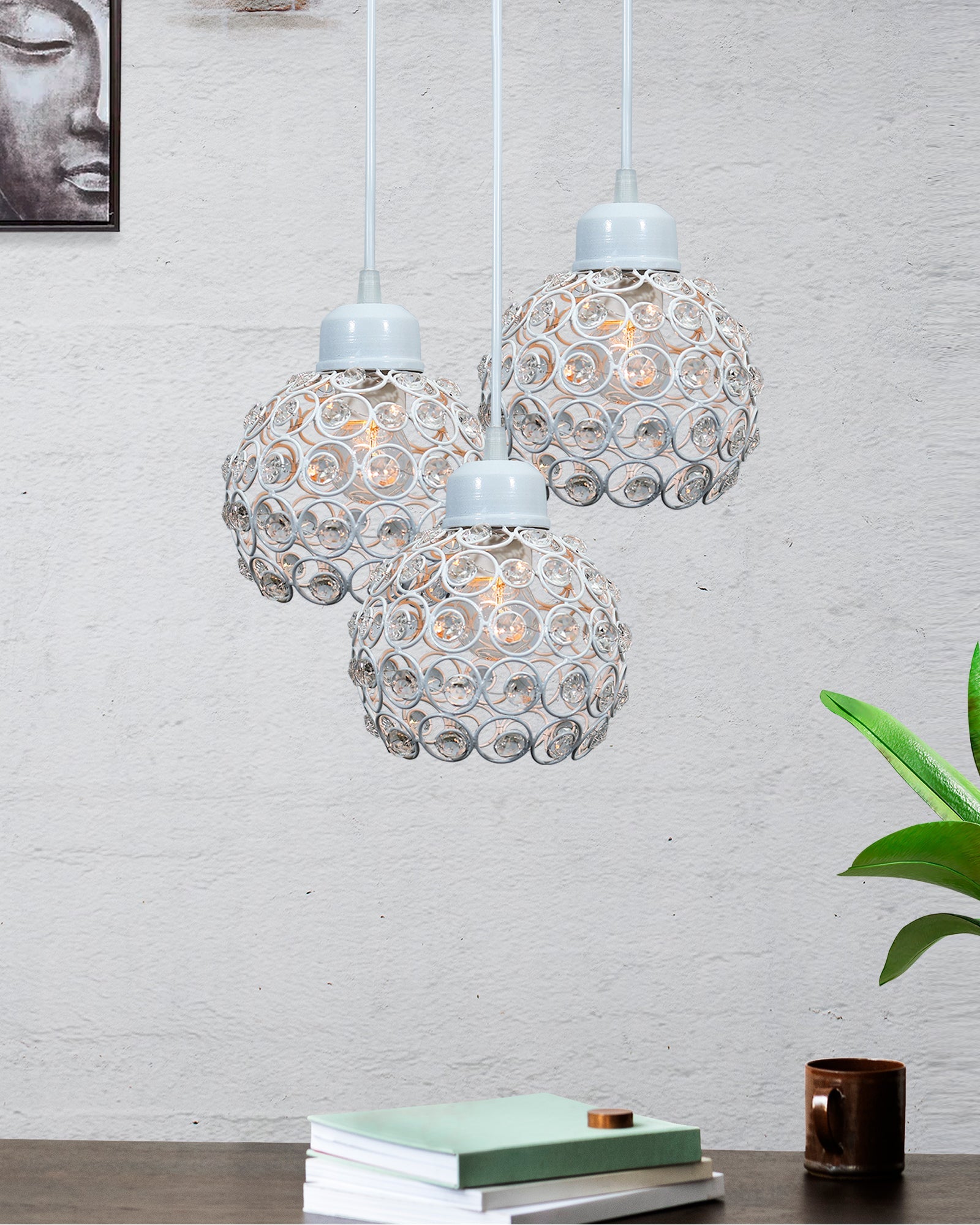 3-lights Round Cluster Chandelier Crystal hanging Pendant Light, Dual Crystal half globe