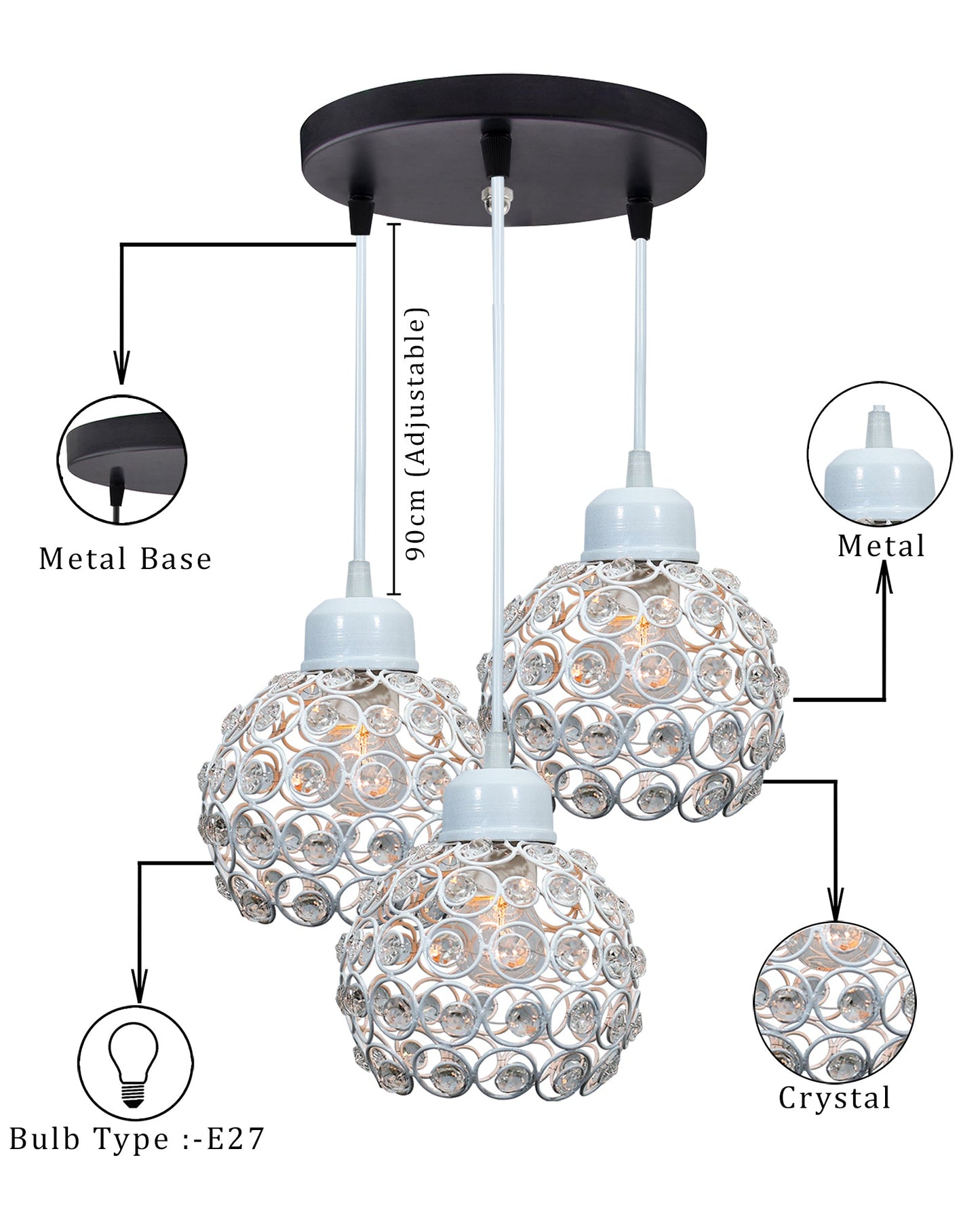 3-lights Round Cluster Chandelier Crystal hanging Pendant Light, Dual Crystal half globe