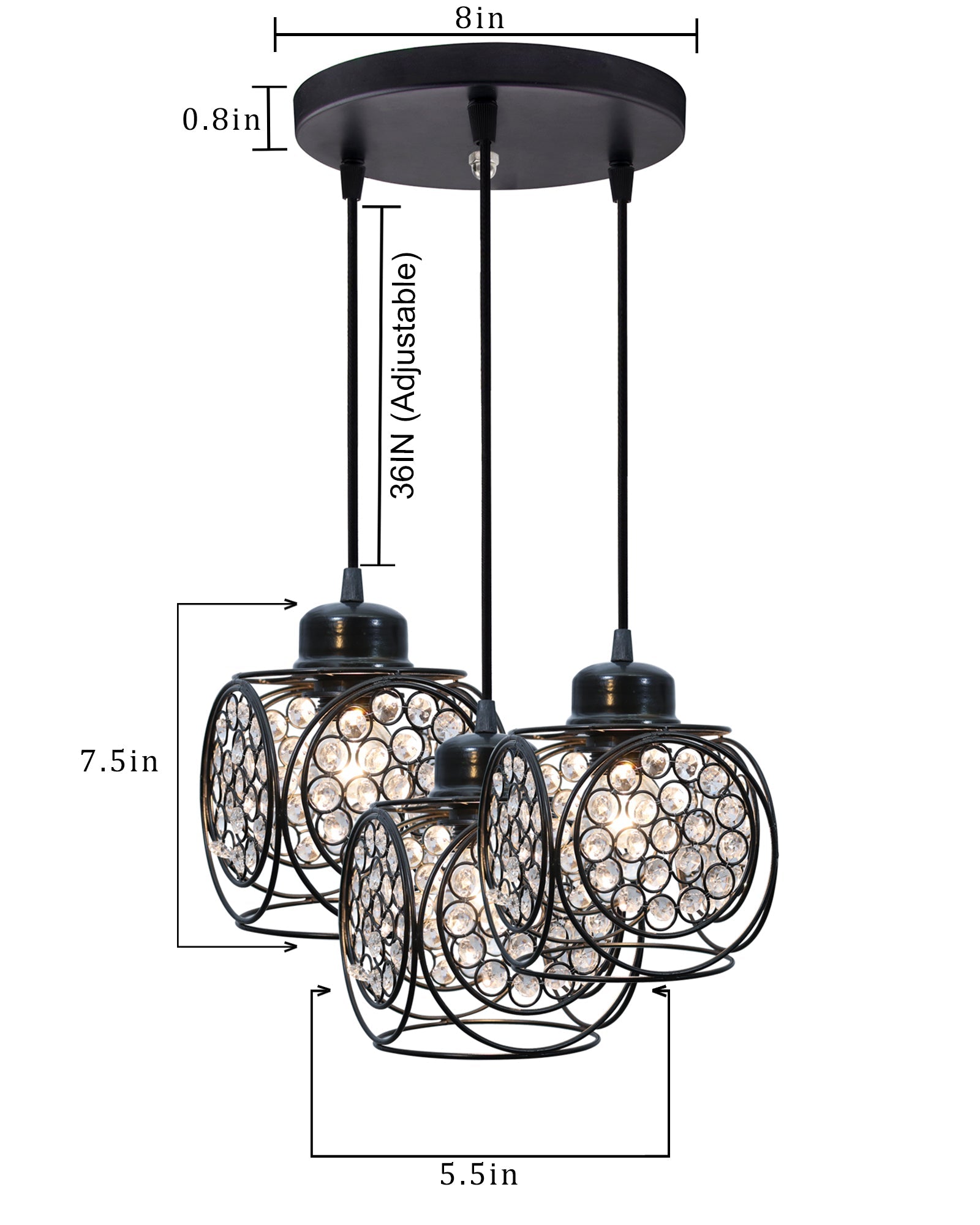 3-lights Round Cluster Chandelier Crystal hanging Pendant Light, Ring Cube