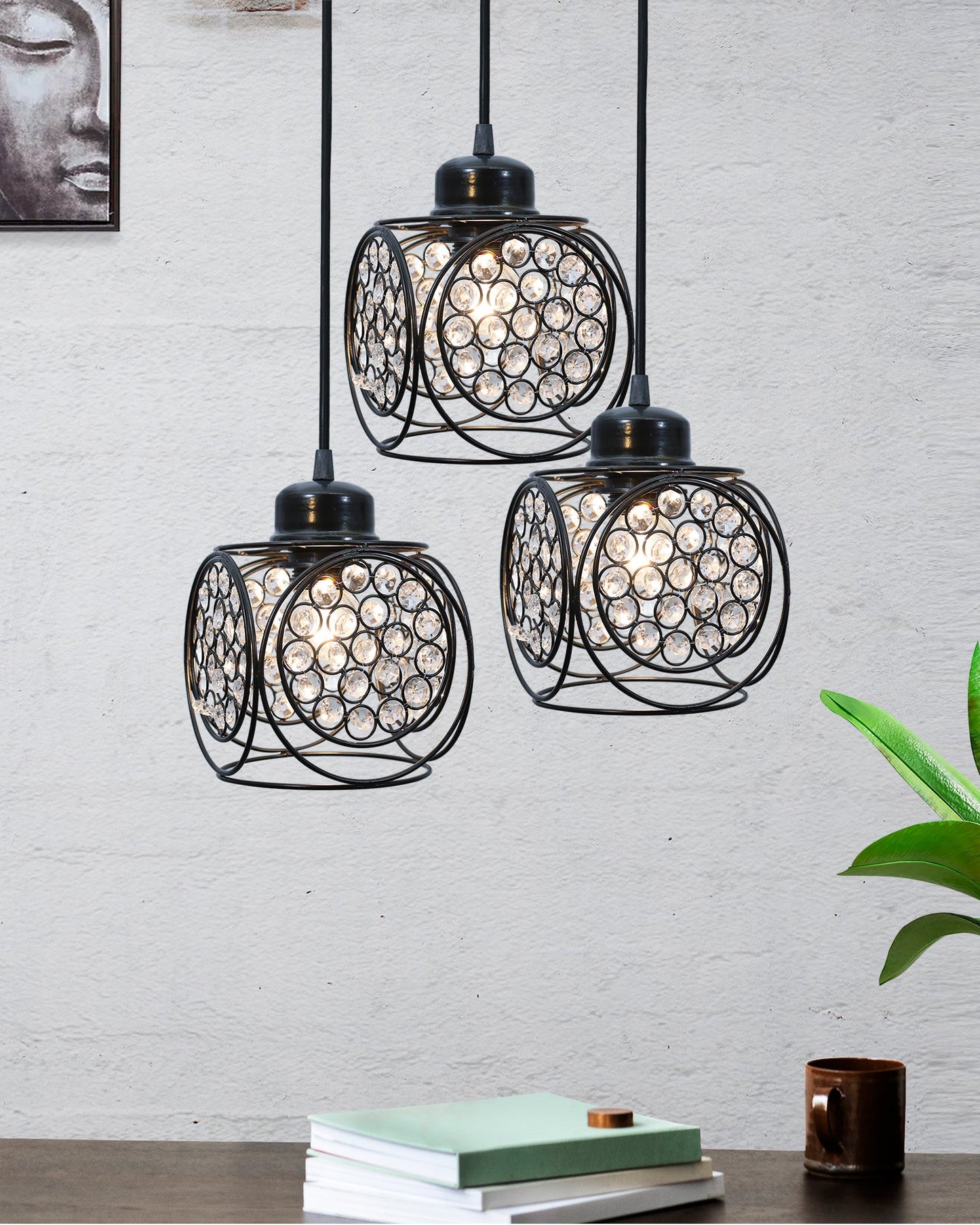 3-lights Round Cluster Chandelier Crystal hanging Pendant Light, Ring Cube